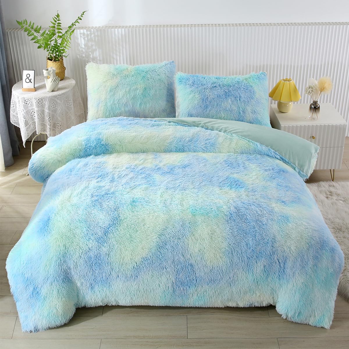 PERFEMET Green Fluffy Shaggy Comforter Queen Size 3 Pcs Tie Dye Plush Faux Fur Comforter Set Ultra Soft Warm Fuzzy Furry Colorful Rainbow Bedding for Girls Adults(Green, Queen)