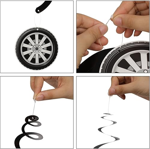 Miniatura 4 de 60 piezas de decoración de fiesta de cumpleaños de autos de carreras, adornos colgantes de remolinos de neumáticos de carreras, suministros