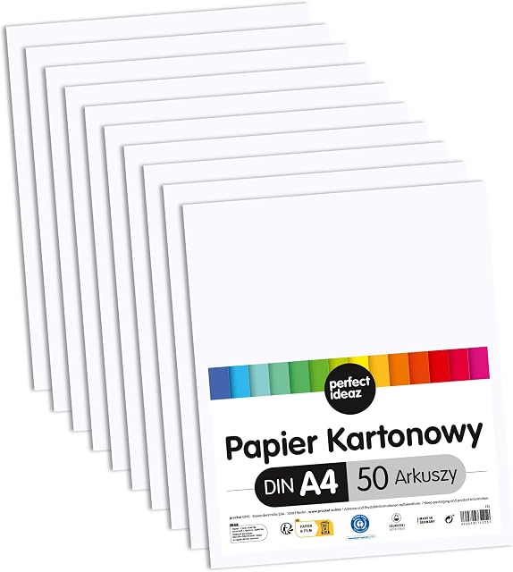 perfect ideaz Biała karta fotograficzna, 50 arkuszy, rozmiar A4 (21 x 29,7 cm), papier rzemieślniczy, barwione arkusze, papier budowlany w 300 g/m², barwiony karton do rysowania, wysokiej jakości