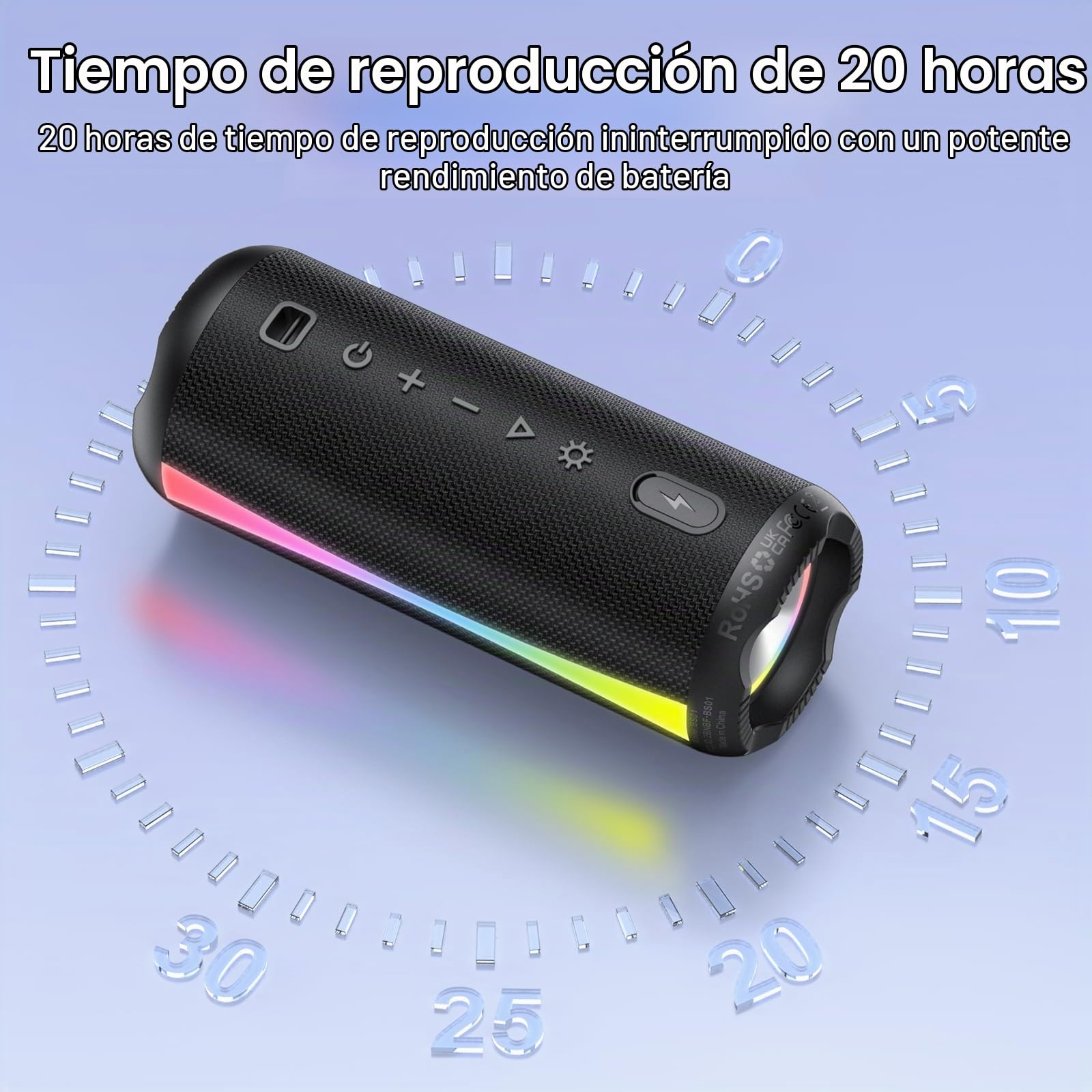 Altavoz Bluetooth 5.4, 20w Altavoz Bluetooth Potente Con Micrófono HD, 360° Sonido Estéreo, 7 Cambios RGB, TWS, 20 H Impermeable IPX7 Speaker Bluetooth Para Viajes/ Deportes/ Fiestas/ Ciclismo, Negro