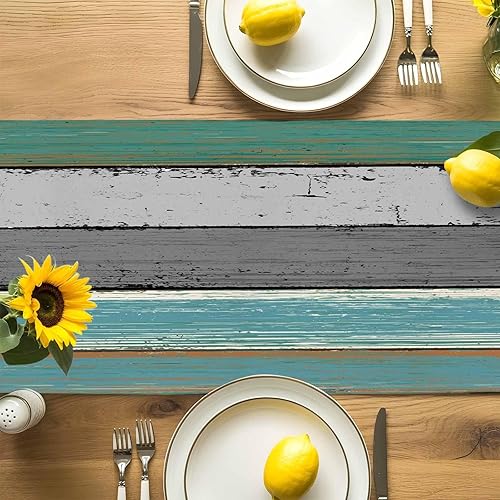 Miniatura 97 de Camino de mesa de algodón y lino estilo granja rústico retro, textura de madera de granero, color degradado marrón y gris, antideslizante,