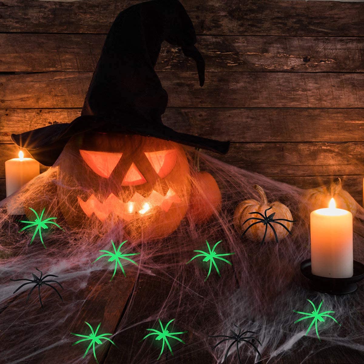 Déco Halloween : Toile D'araignée Extensible 300g + 50 Araignées Noires - Pour Intérieur Et Extérieur