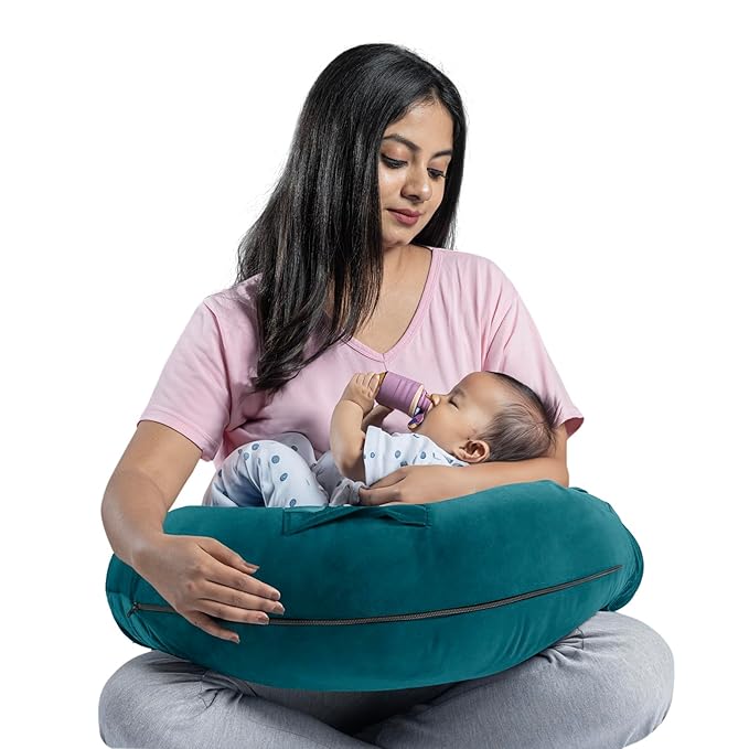 Wakefit Feeding Pillow for New Born Baby | 3 Months Warranty | 5 in 1 Nursing Pillow with Belt and Hoop for Breastfeeding with Velvet Removable Cover | Peacock Green