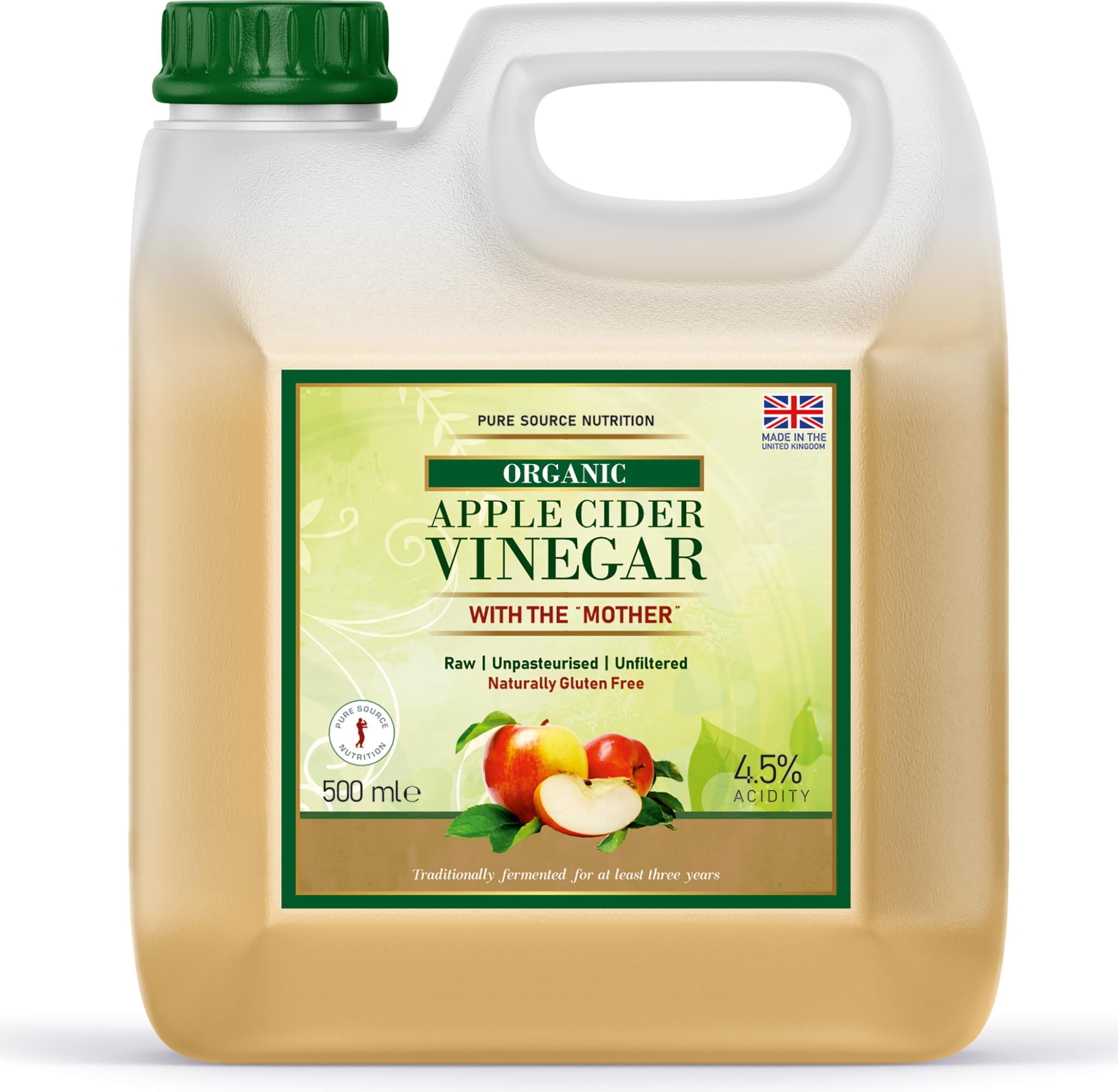 PSN Raw 100% Pure Apple Cider Vinegar with The Mother 500ml Non-GMO Cloudy ACV Pure Cold Pressed Unrefined Unfiltered Unpasteurised Vegan 4.5% Acidity Weight Loss Detox