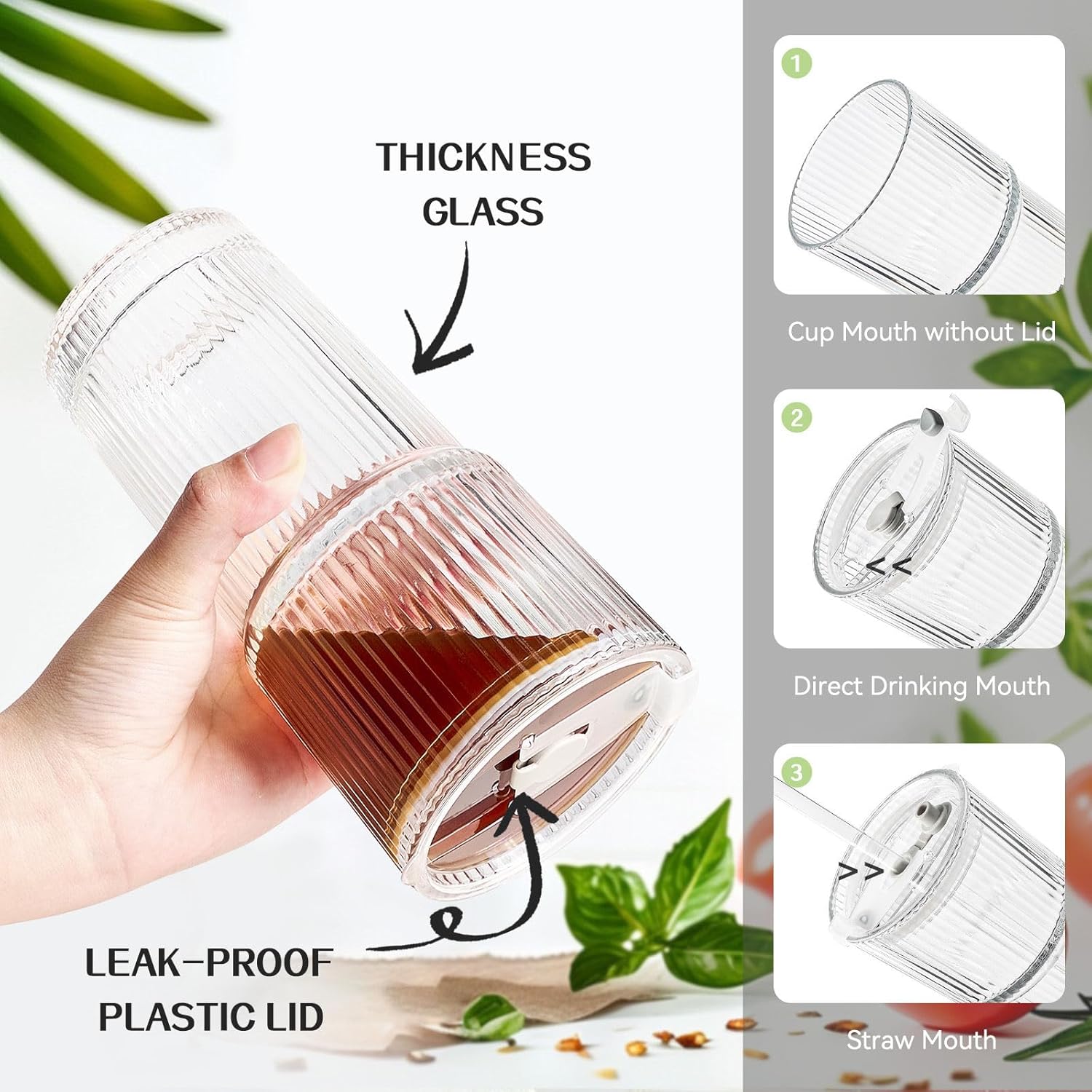 TUZAZO 20 Oz Glass Tumblers with Lids and Straws - 4 Pack Ribbed Glass Iced Coffee Cup with Straw and Lid, Thicken Glasses, Ideal for Smoothieds, Cocktails, and Juices - Image 3