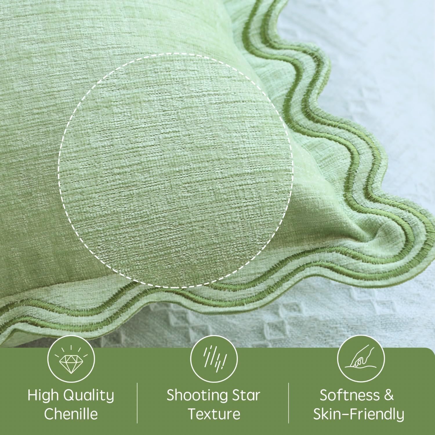 TINYSUN Green Decorative Scalloped Throw Pillow Covers Set of 2, Embroidered Scallop Wavy Design, Premium Chenille Cushion Spring Pillow Cover for Sofa Couch Living Room(Mint Green,18x18 Inch)