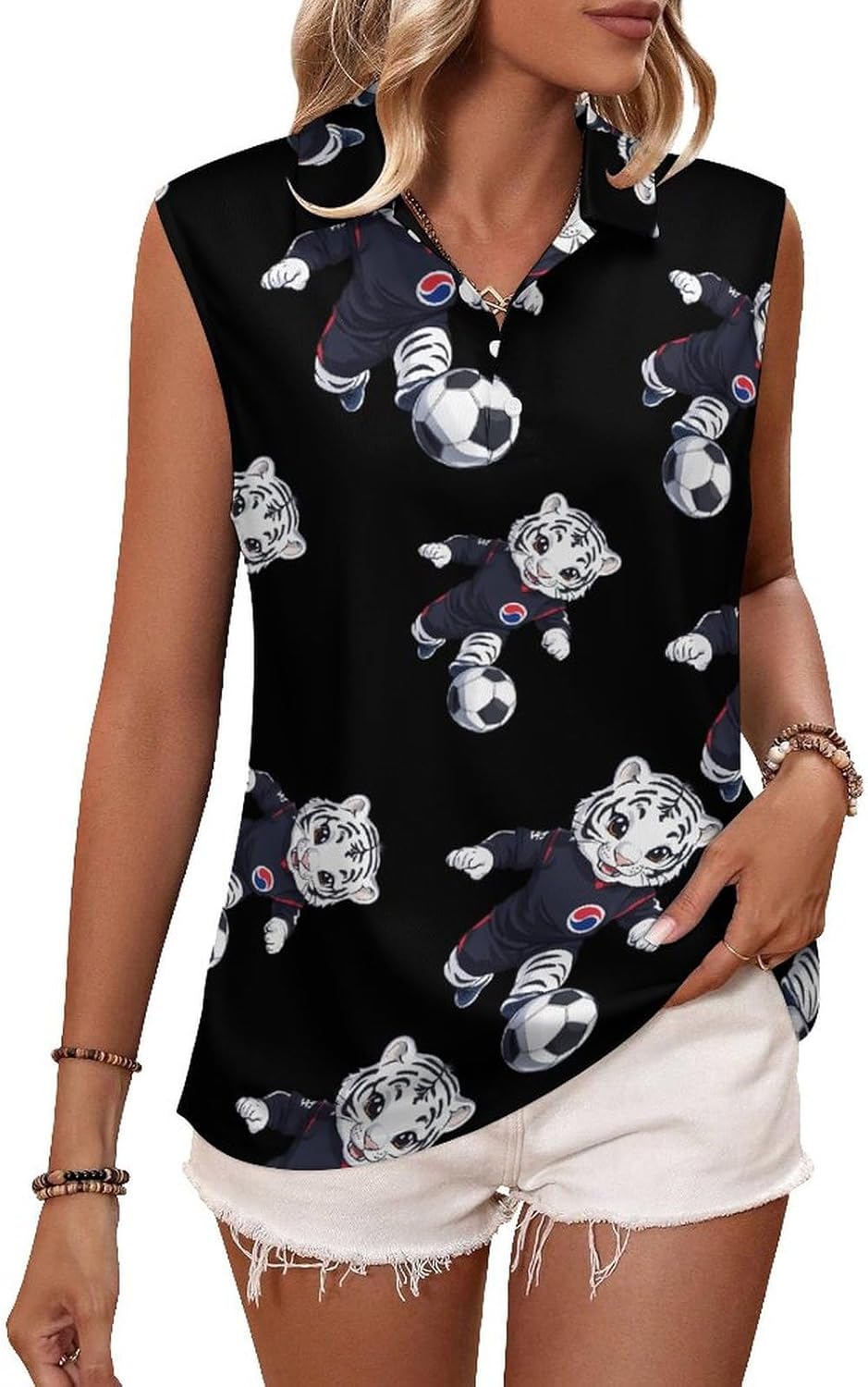 South Korean Soccer Football Fan Tiger Womens Golf Shirts Print Polo Shirt Sleeveless Tank Top Casual Work Blouses