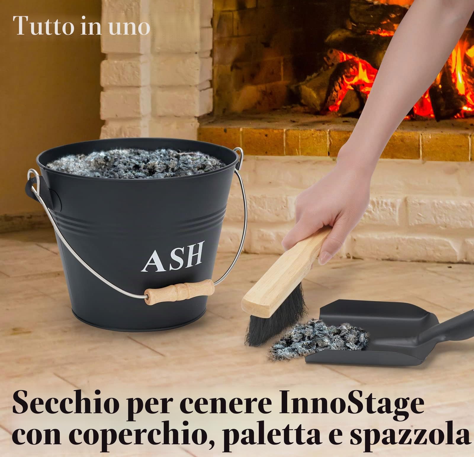 Mini Secchio per Cenere Con Coperchio, Pala e Scopa - Metallo da 1,5 Galloni, Posacenere per Camino, Braciere, Focolare, Stufe a Legna - Interni ed Esterni