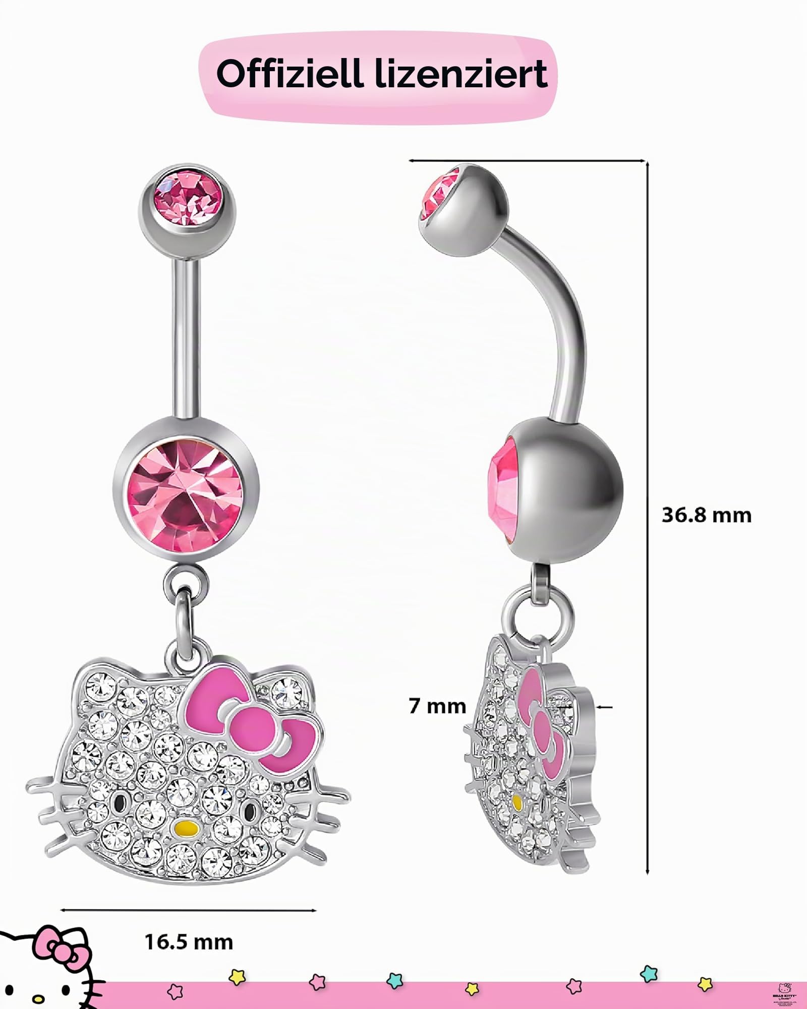 Hello Kitty Bauchnabelring 14 g Edelstahl Kawaii Bauchnabelpiercing Schmuck Sanrio Offizielle Lizenz
