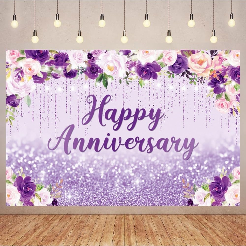 7x5ft Romantic Anniversary Backdrop Gorgeous Violet and Pink Flowers Photography Background for Couples Glitter Happy Anniversary Backdrop Banner Purple Themed Party Decor Womens Photo Booth Props image 2
