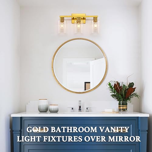 Miniatura 6 de Lámpara de tocador de baño dorada de 3 luces, modernas luces de tocador de oro cepillado con pantallas de vidrio transparente, lámpara de pared de
