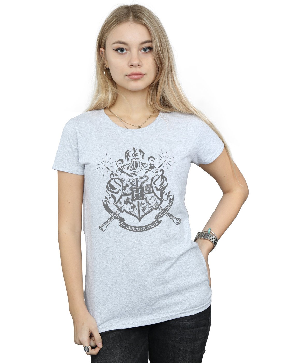 Harry Potter Women's Hogwarts Badge Wands T-Shirt Medium Sport Grey