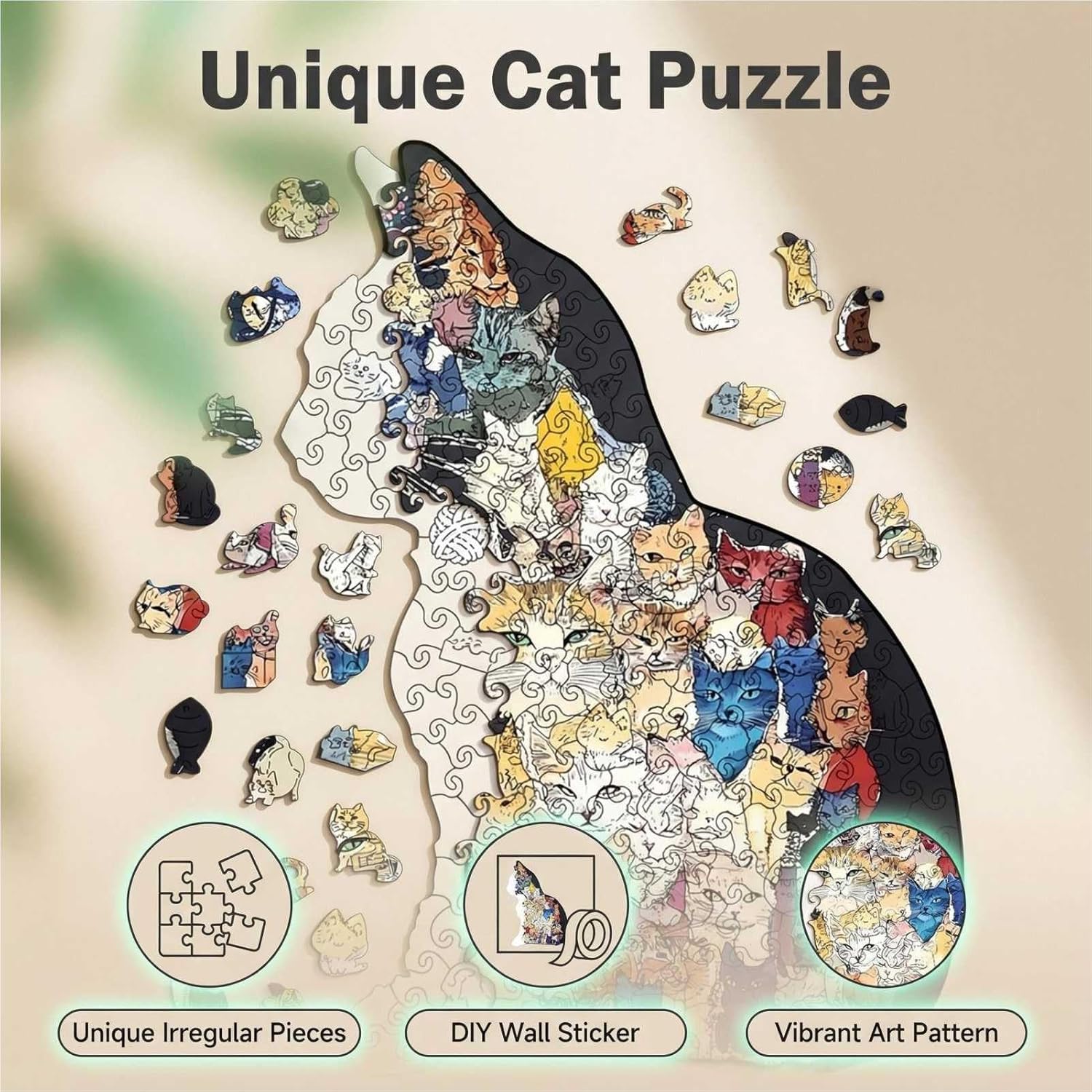 Wooden Cat Puzzles for Adults, Unique Cat-Shaped Irregular Jigsaw Puzzles, Medium Difficulty, Stress Relief, Ideal Gift for Family and Friends (L 10.3 * 7.5 INCH 180PCS)