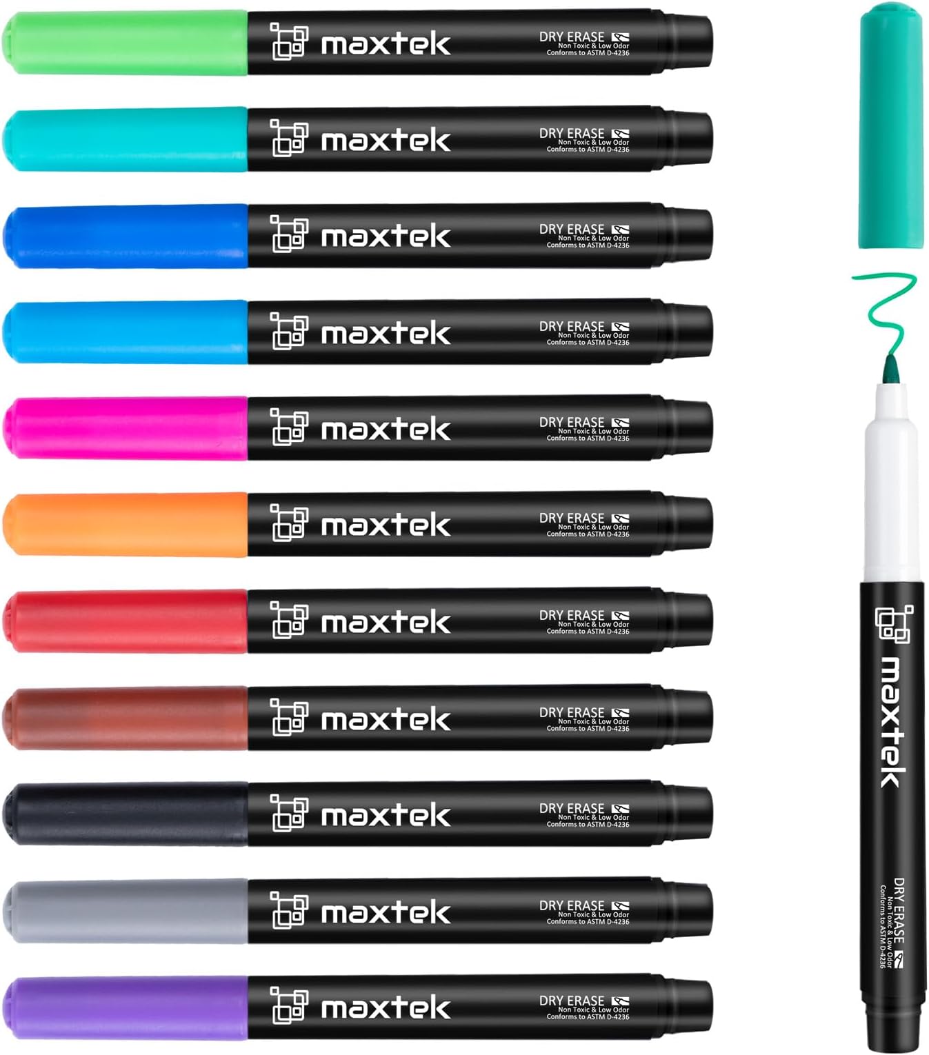 maxtek Dry Erase Markers Ultra Fine Tip, 0.7mm, Low Odor, Extra Fine Point Dry Erase Markers for Planning Whiteboard, Calendar Boards, 12 Count Assorted Colors Small White Board Markers for Kids