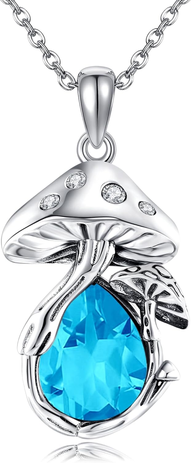 YAFEINI Birthstone Mushroom Necklace 925 Sterling Silver Mushroom Pendant Birthday Jewelry for Women Mom