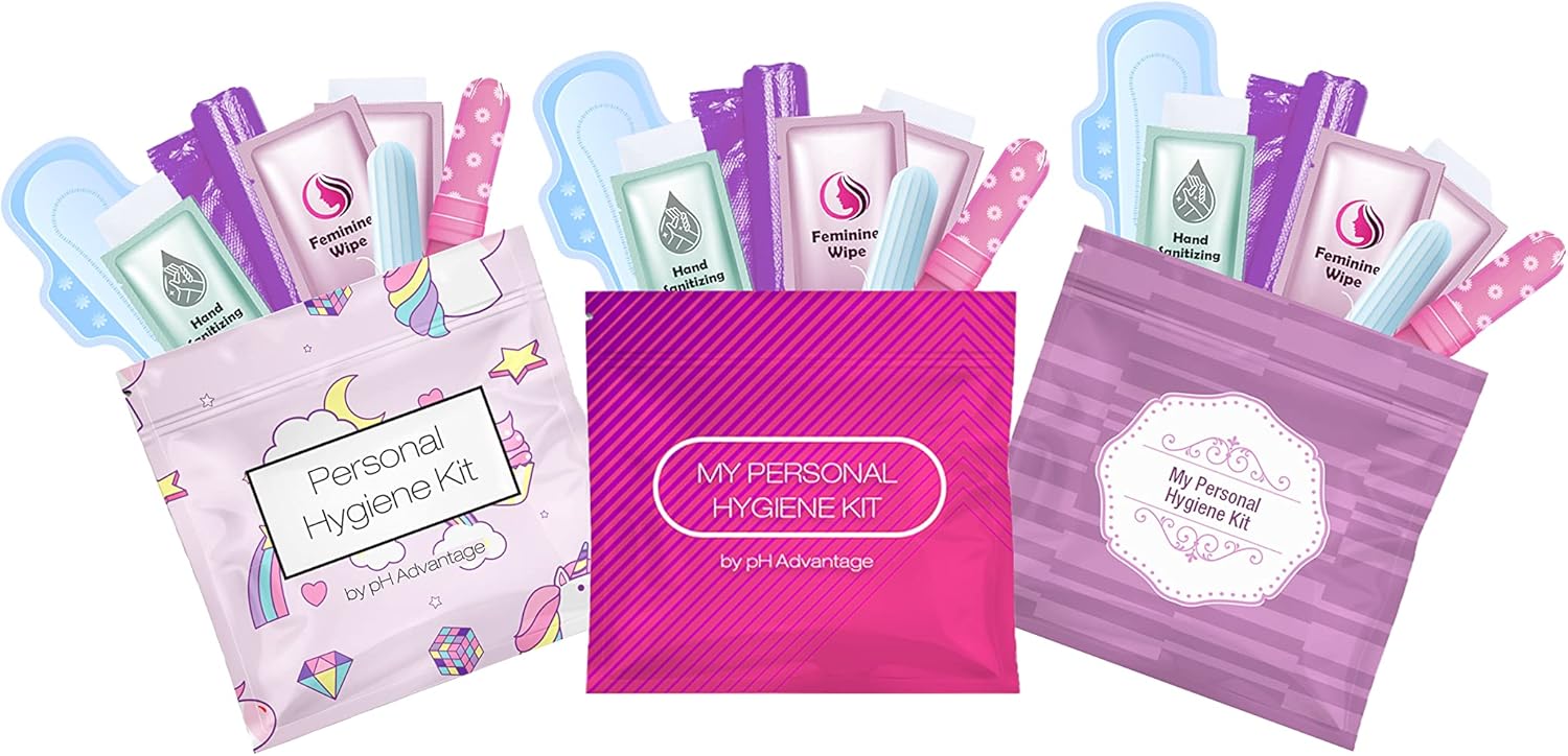 3 x Menstrual All-in-One Kits – Assorted Colors | Convenience on The Go | Single Period Kit Packs | Individually Wrapped Feminine Hygiene Products (Rainbow and Unicorns/Pink/Purple)