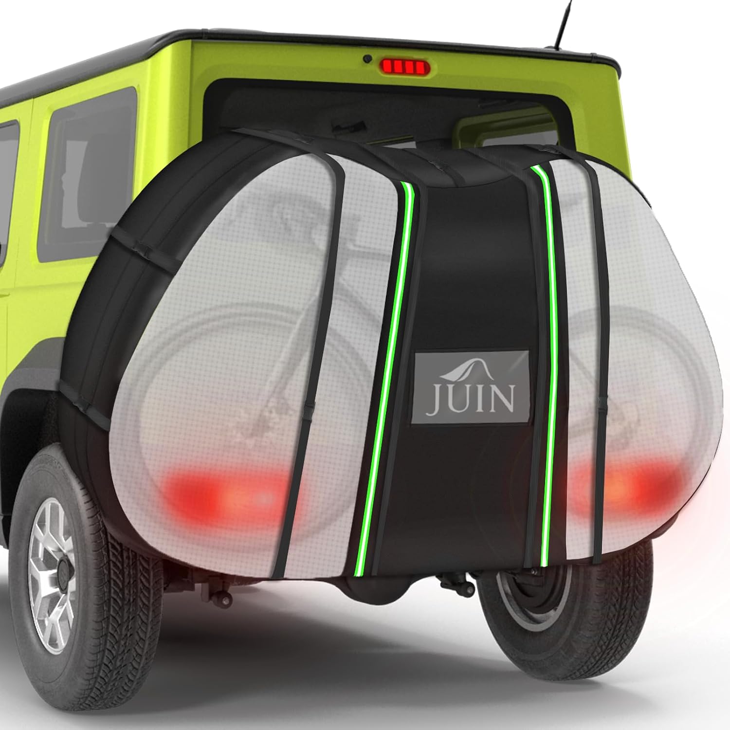 JUIN Bike Cover for Transport on Rack: Waterproof Outdoor Cover for 1 Bike | 900D Heavy Duty, 100% Waterproof, Clear Taillight Panels, Reflective Safety, Windproof Straps, Easy Installation