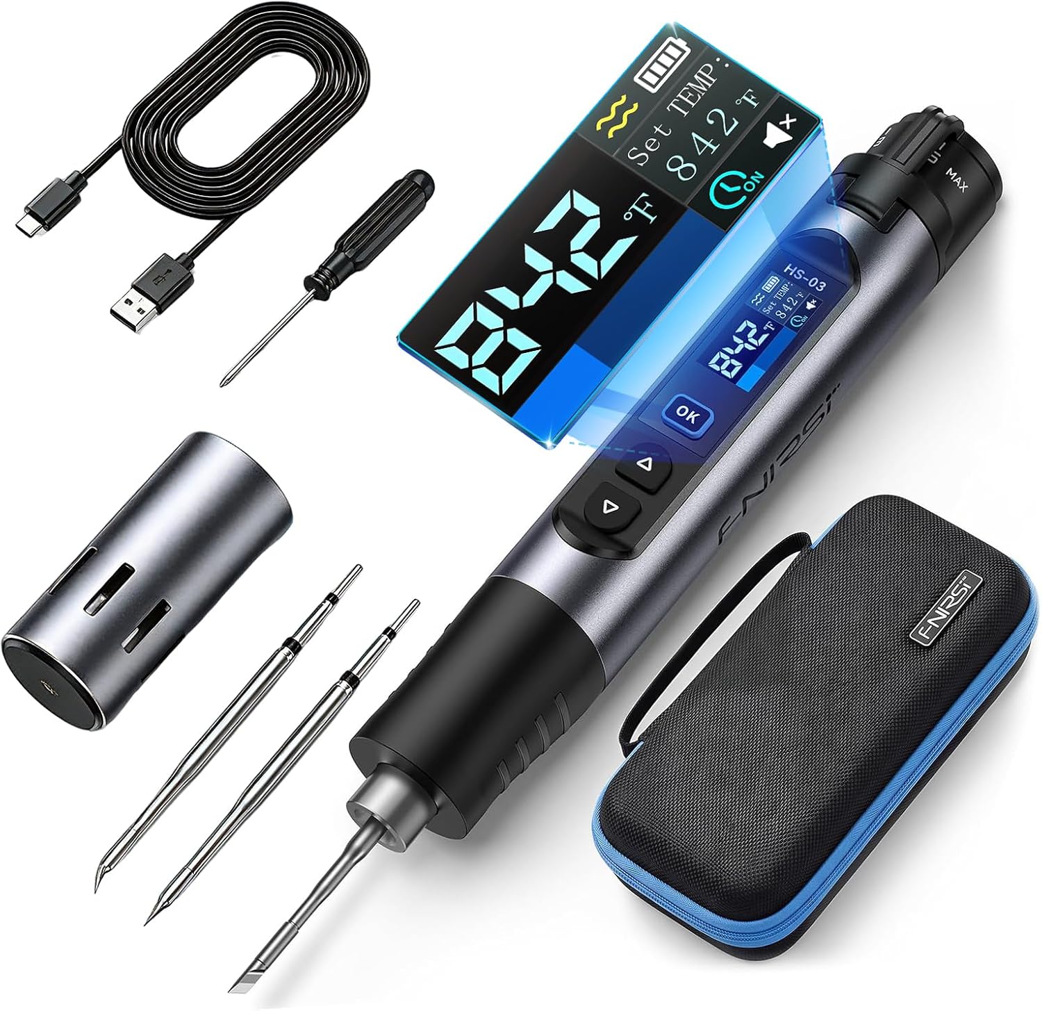 FNRSI HS-03 Cordless Soldering Iron Kit, 2600mAh Portable Soldering iron | 3s Fast Heating,212-842°F ,5 Preset Temp Levels,Auto Sleep, 0.96" IPS Display,Rechargeable Battery for Electronics Repair,DIY