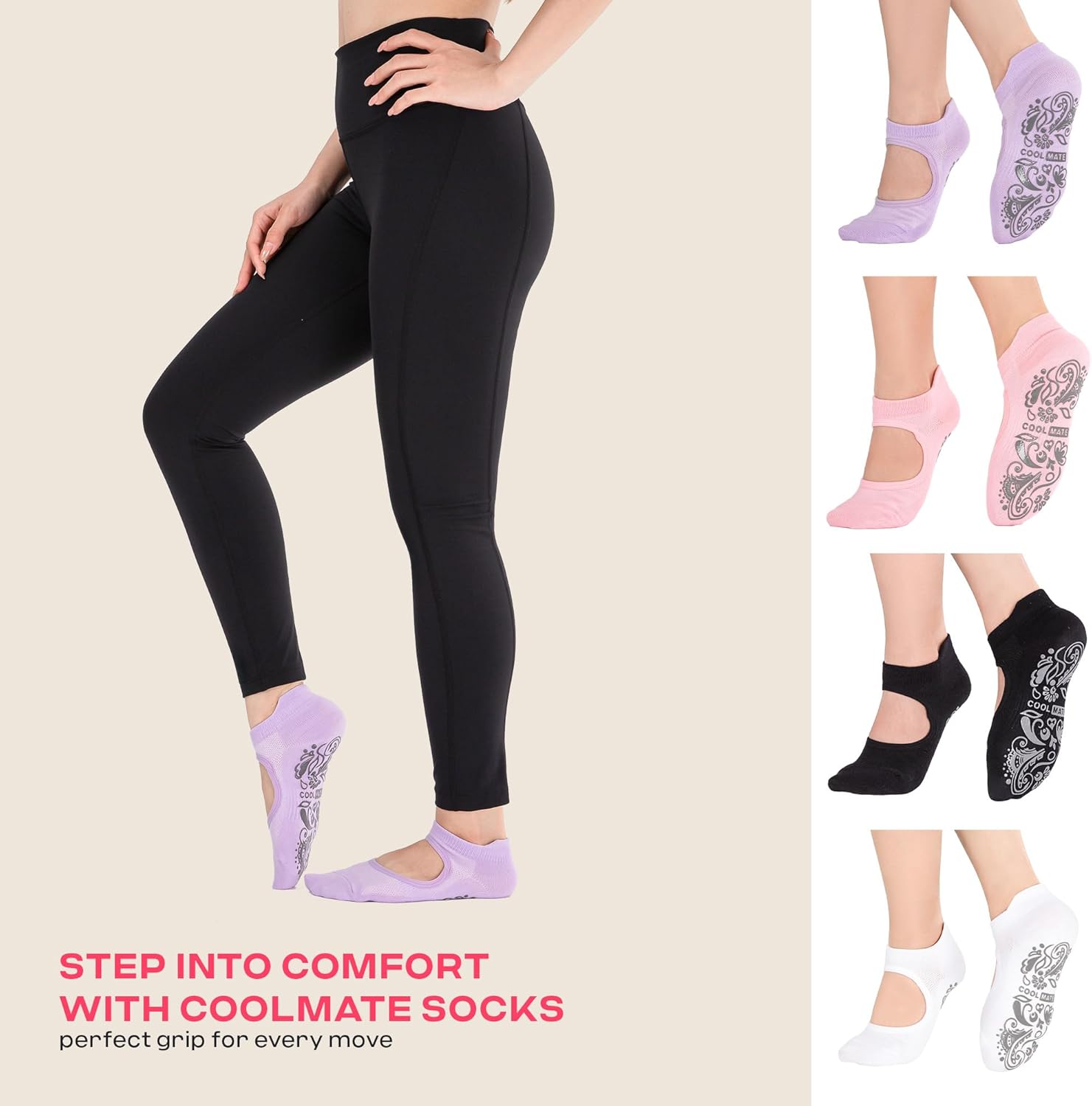 CoolMate Pilates Socks with Grips for Women, Yoga Socks, Crew Non Slip Women for Barre, Valentines Day Gifts for Her - Image 2