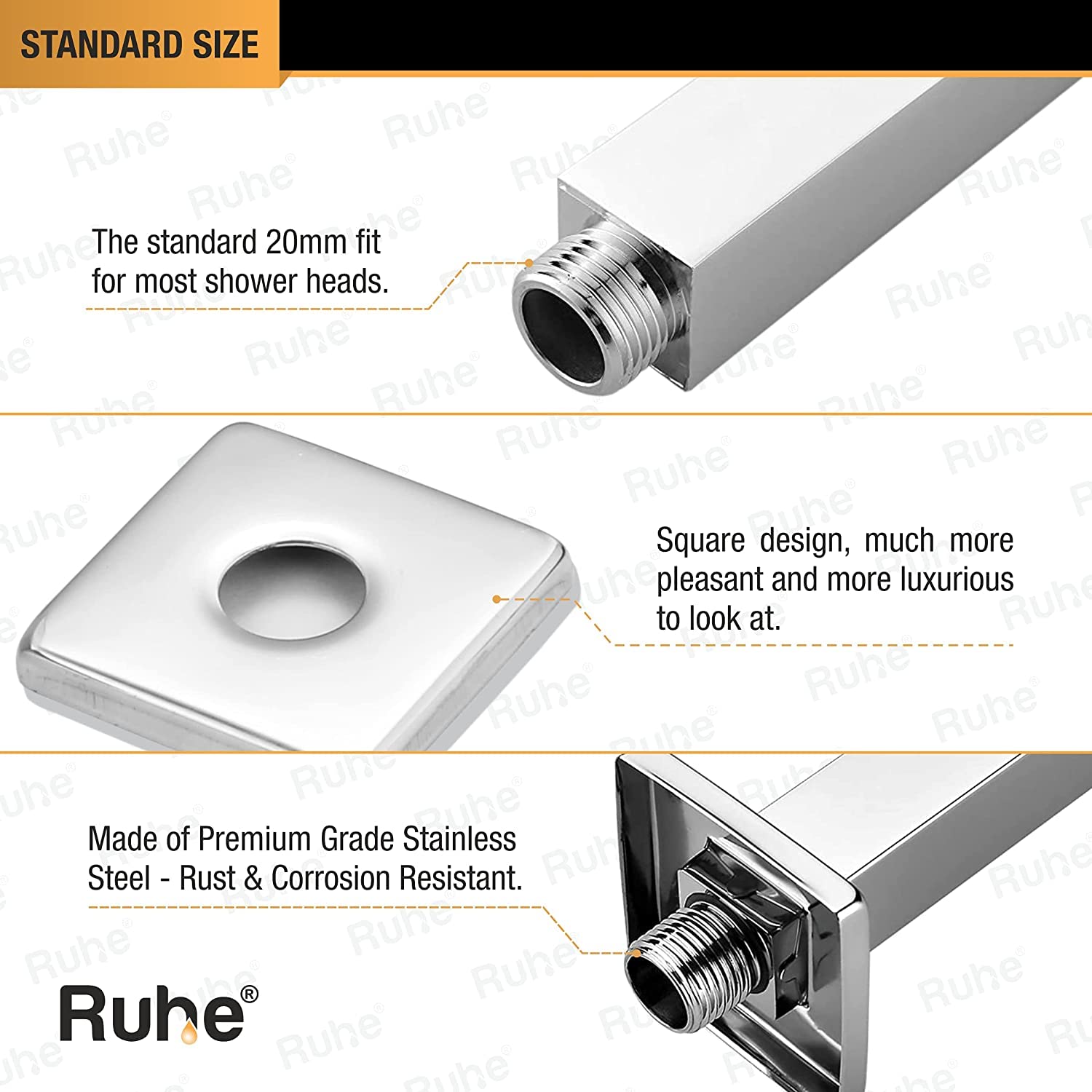 Ruhe Stainless Steel Shower Arm - Chrome Finish -3