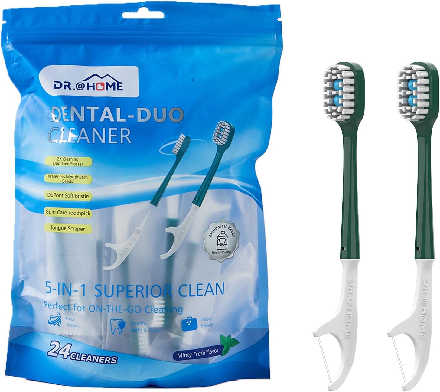 Dental Duo Disposable Travel Oral Care Set, Preloaded mouthwash Beads Toothbrush with Floss,Pick & Tongue Scraper | Individually Wrapped, Disposable Toothbrush(24count-Pack)