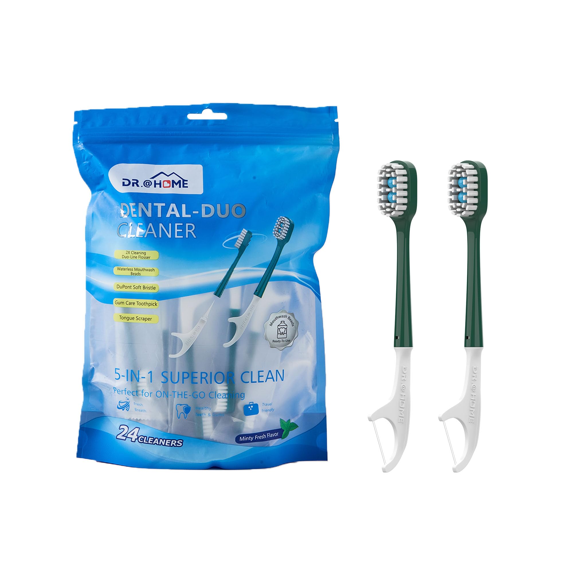 dr.@home Dental Duo Disposable Travel Oral Care Set, Preloaded mouthwash Beads Toothbrush with Floss,Pick & Tongue Scraper | Individually Wrapped,