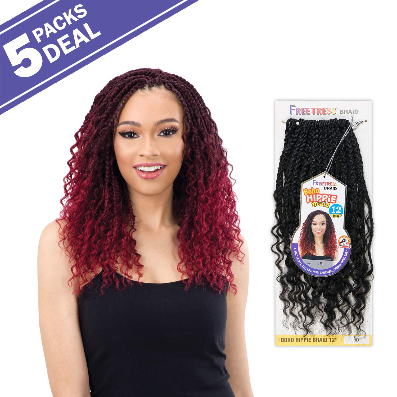 FreeTress Crochet Braids Boho Hippie Braid 12" (5-PACK, 1B)