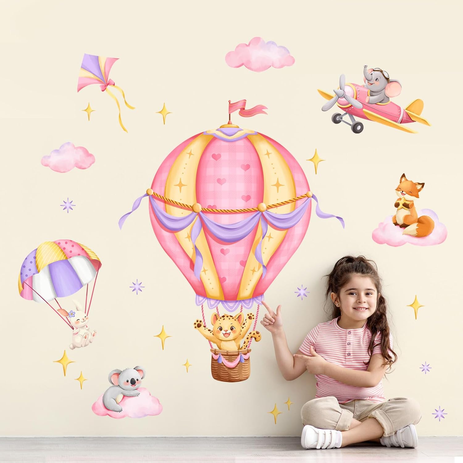 Tanlaby Pink Hot Air Balloon Wall Stickers Jungle Animals Fox Leopard Elephant Wall Decals Peel and Stick Art Decor for Baby Nursery Kids Bedroom Playroom Daycare Classroom 3 71LUcGoUz1L. AC SL1500