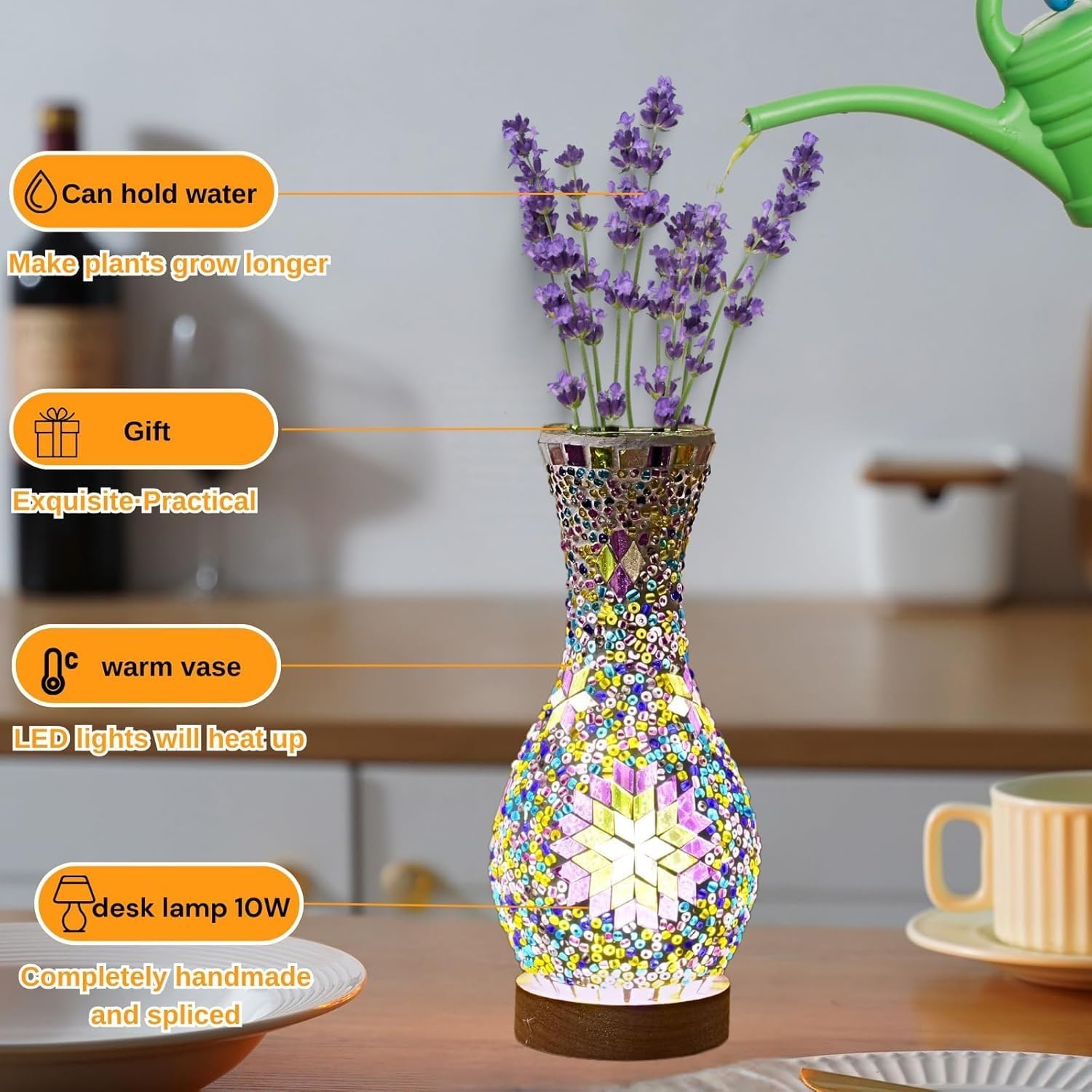 Retro Turkish Mosaic Vase Lamp Turkish Moroccan Table Lamp Colorful Handmade Glass Vase with Wood Base for Flowers USB Charge Decor Light for Bedroom Ambient Living Room Farmhouse