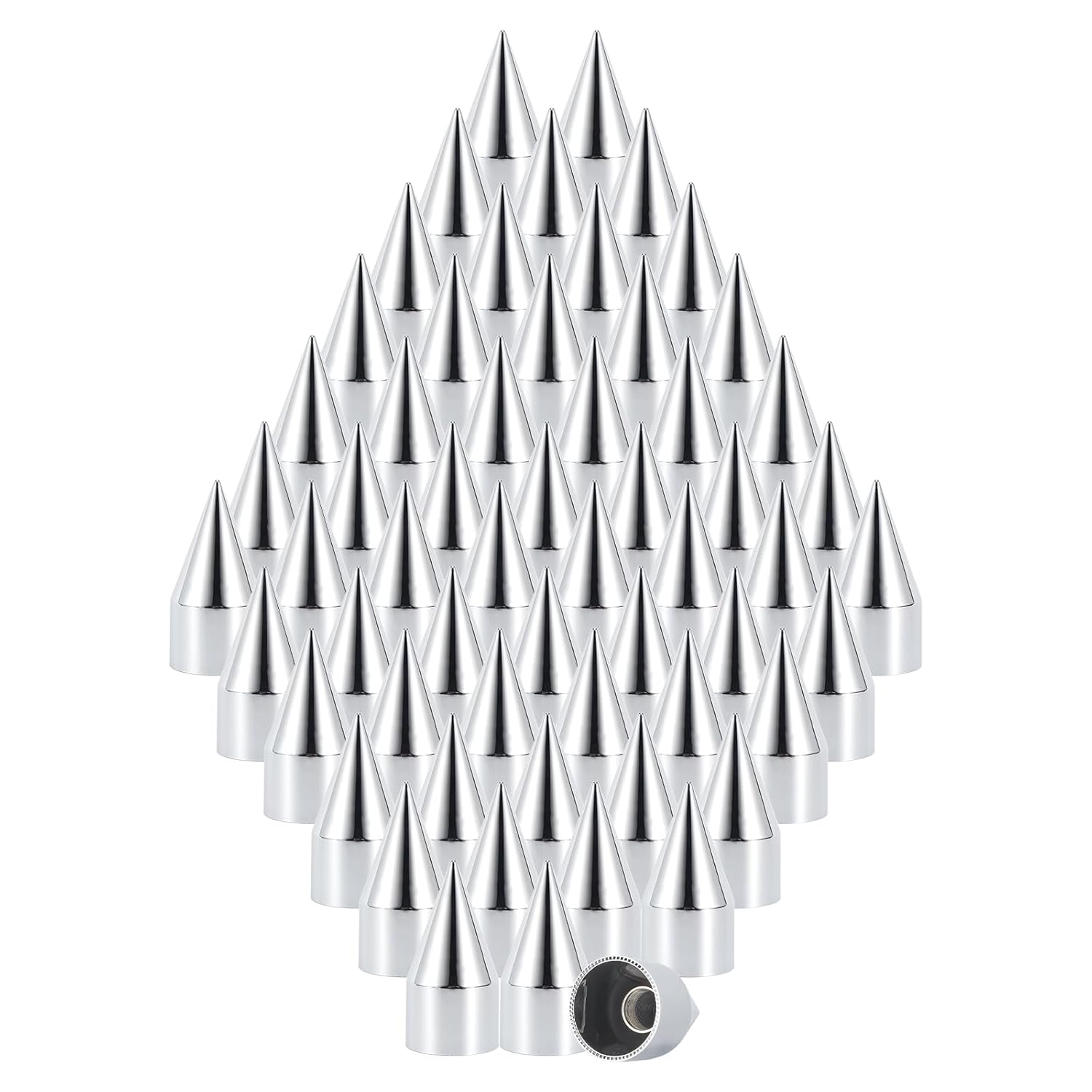 33mm x 4-1/4" Chromed Spike Lug Nuts Covers Screw on, ABS Chrome Plastic Caps Pointed Screw-on Lug Nut Cover for Semi Trucks Trailers (Pack of 60)