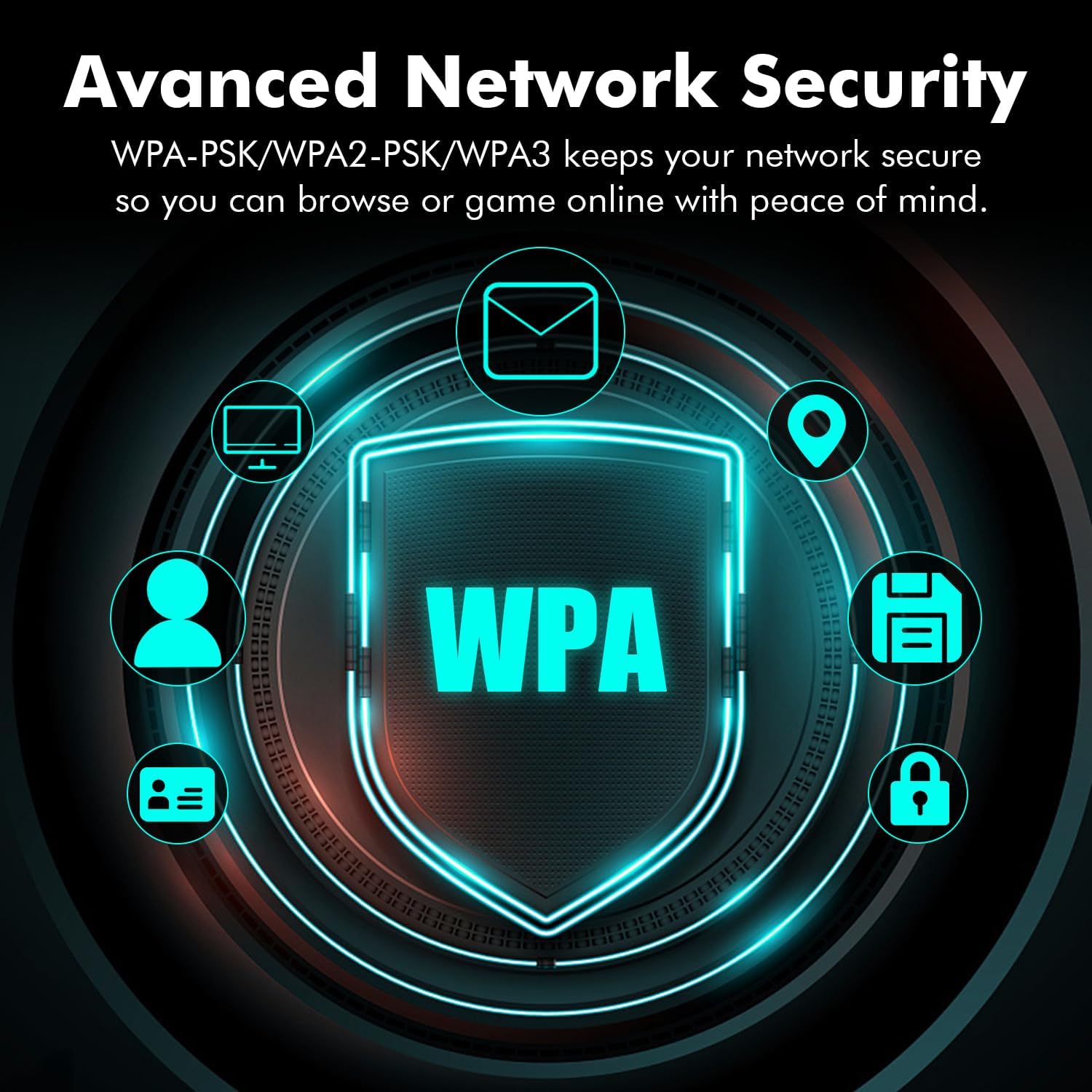 Bluetooth 5.3 connectivity diagram showing the NEWFAST WiFi card connecting to various devices like laptops, headphones, game controllers, mice, and keyboards.