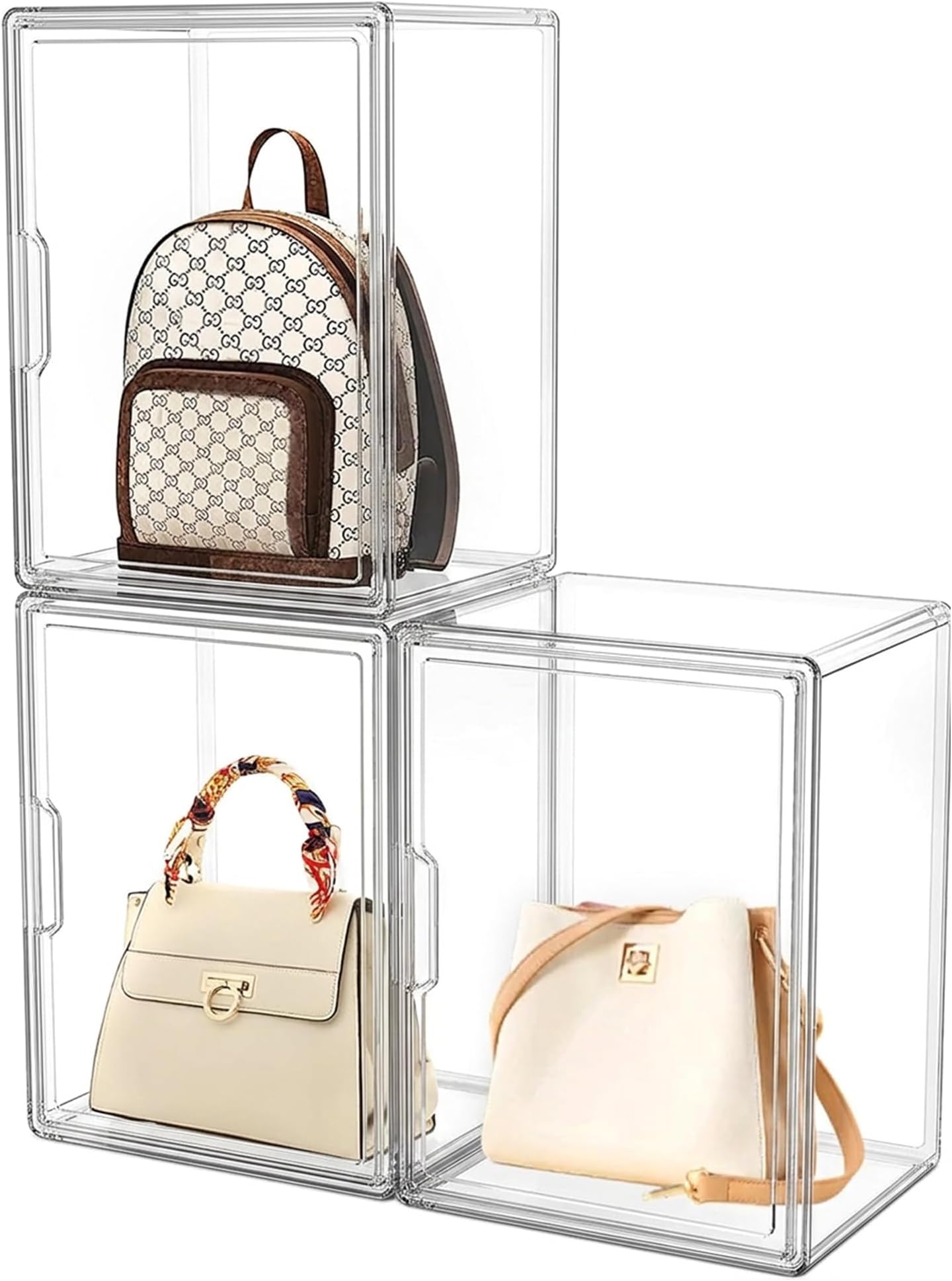 Attelite Plastic Purse and Handbag storage Organizer for Closet, Clear Acrylic Display Case with Magnetic Door for Wallet, Book, Cosmetic, Clutch Organization 3 Pcs