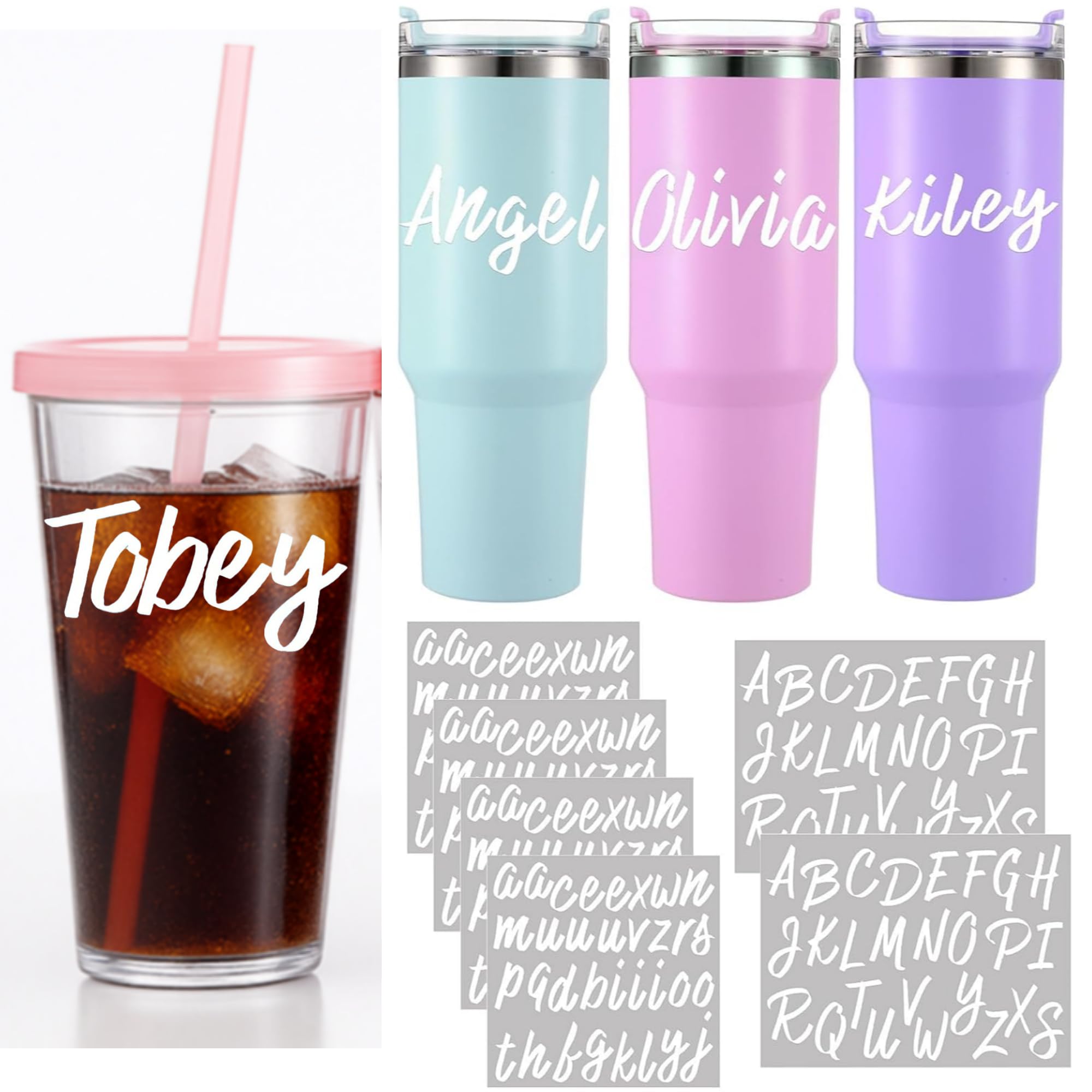 MotiMind 6 Sheets UV DTF Letter Stickers Tumbler 14-40 oz Alphabet Decals | Custom Personalized Name Vinyl for Double Wall Cups, Glass Bottles, Car