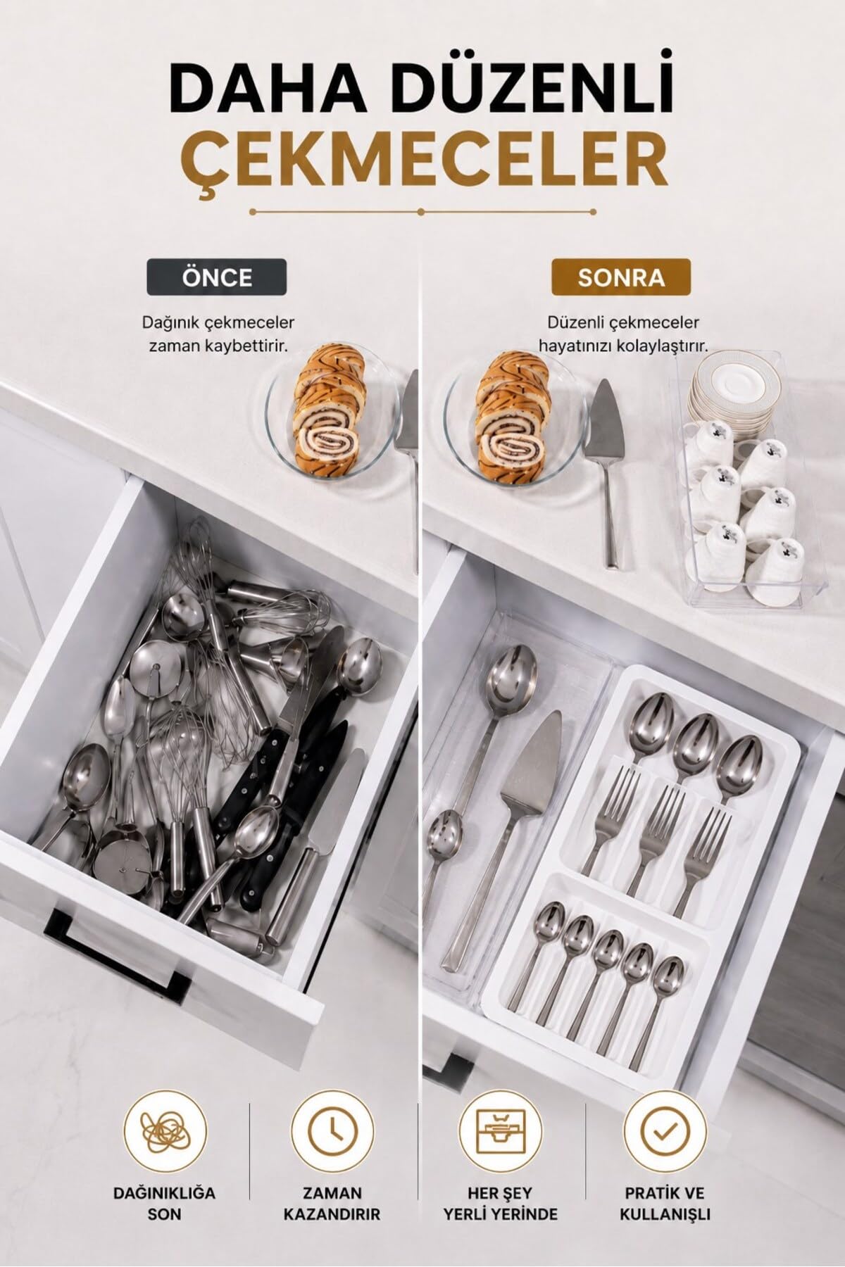 Sas Haus Çekmece İçi Kaşıklık Organizer Bölmeli Mutfak Düzenleyici Beyaz S-11030