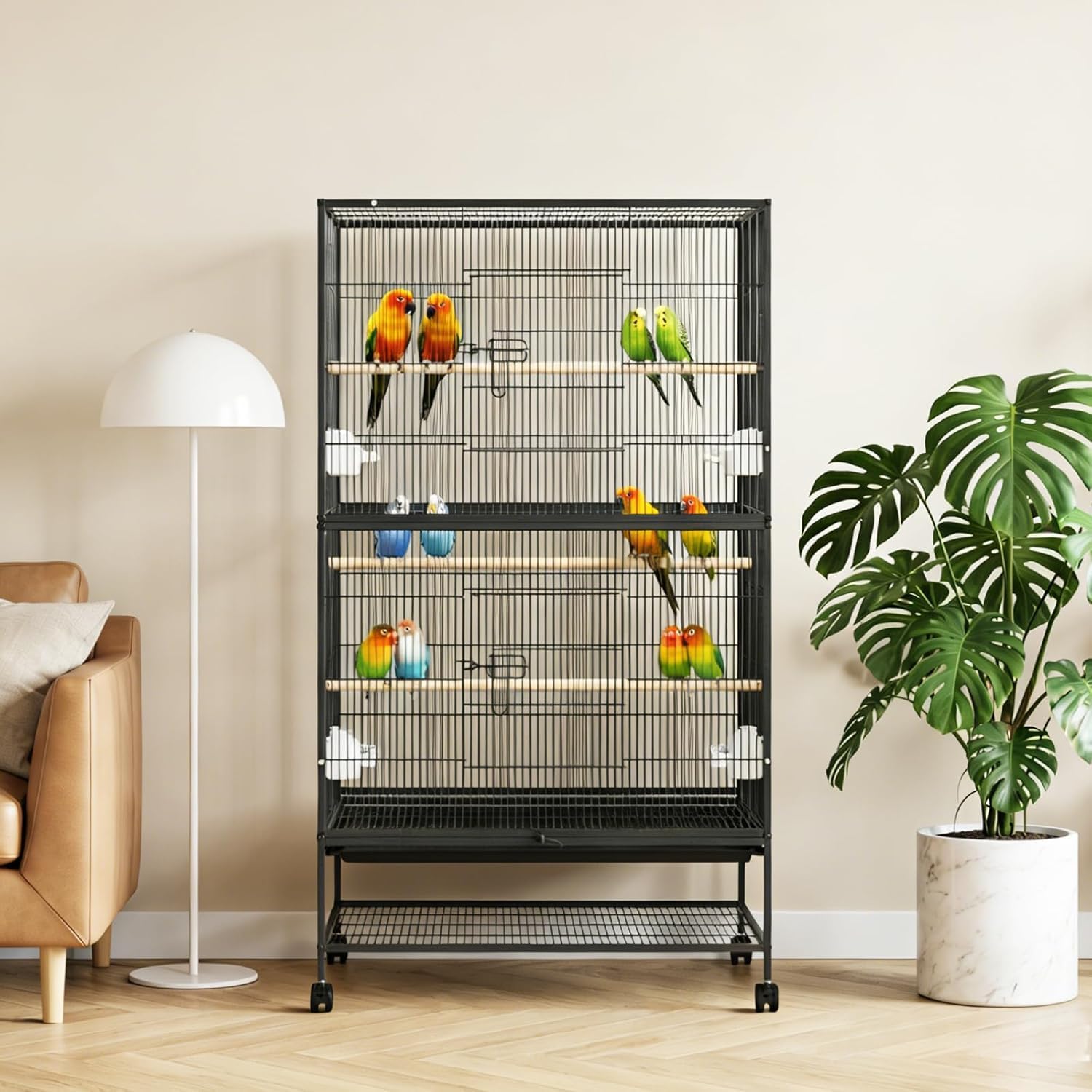 61" Bird Cage with Rolling Stand, Spacious Birdcage with Storage Shelf, Including Tray, 3 Perches and 4 Food Cups, Aviary for Parakeets, Macaws and Cockatoos