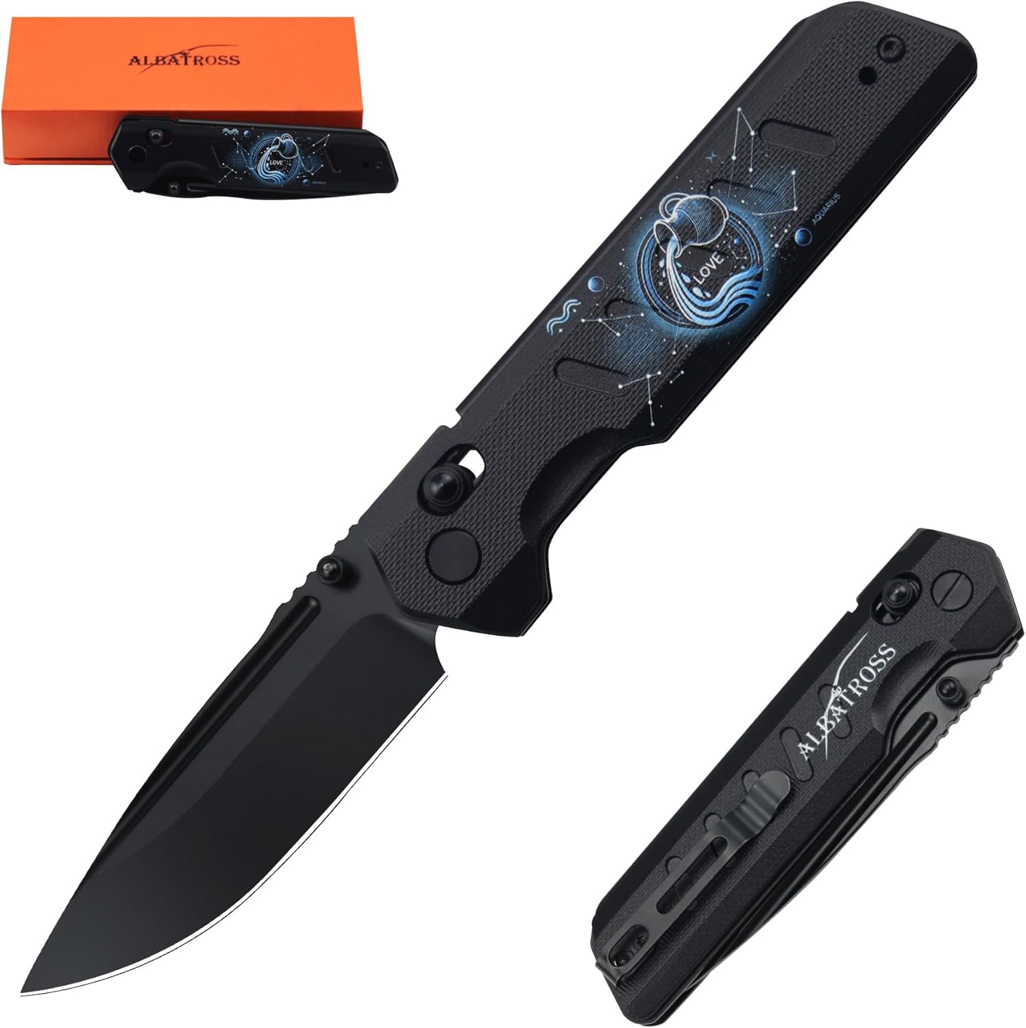 ALBATROSS Aquarius VG10 Steel Pocket Folding Knife - 4.3" G10 Handle, Axis Lock, EDC Camping Hunting, Zodiac Collection Gift