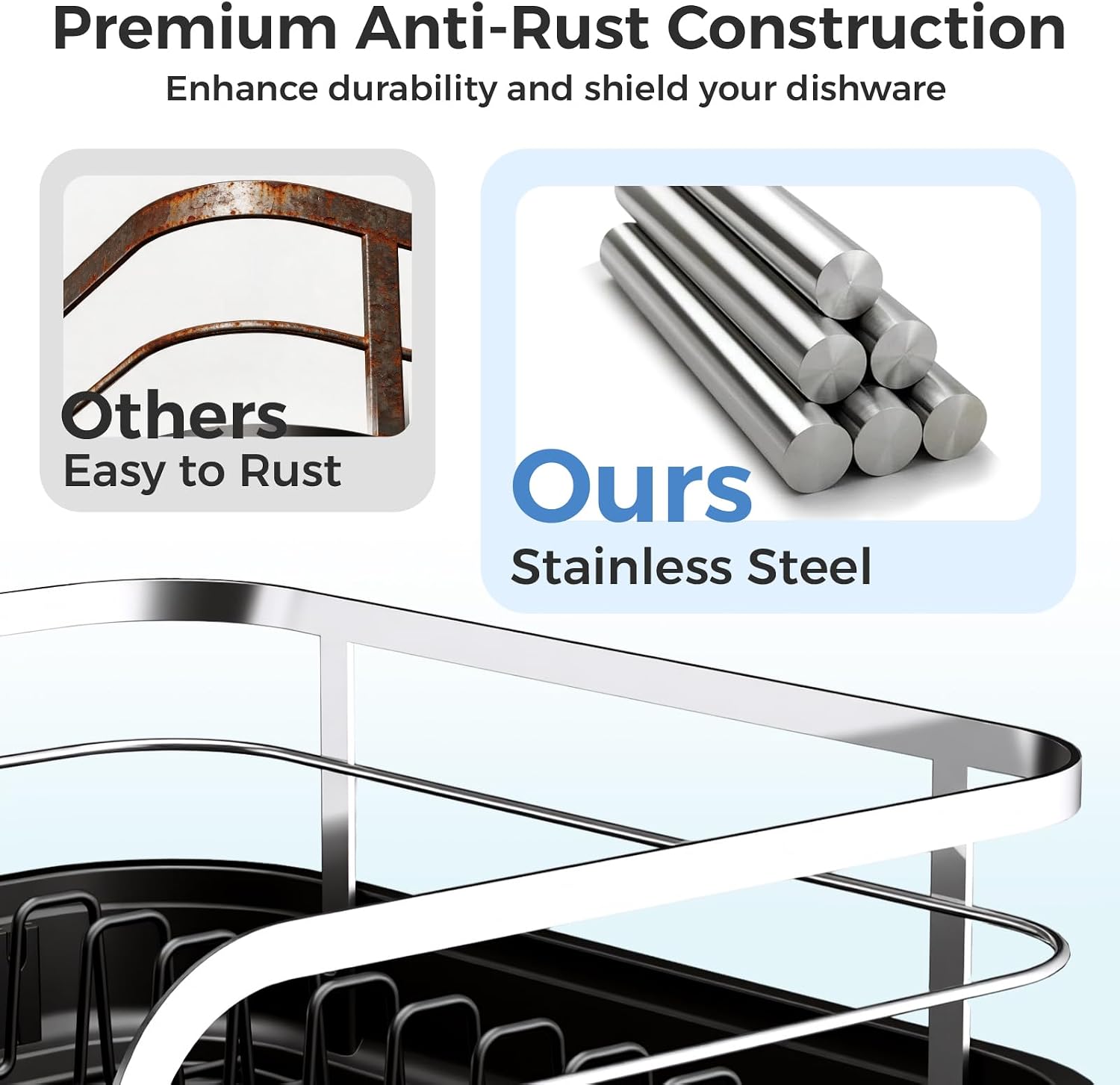 Expandable Stainless Steel Single Tier Dish Drying Rack, Auto Drain Dish Drainer for Kitchen Counter with Rotatable Multi-Slot, Drainboard, Utensil & Cutting Board Holder, 15"-22.4" Adjustable Length