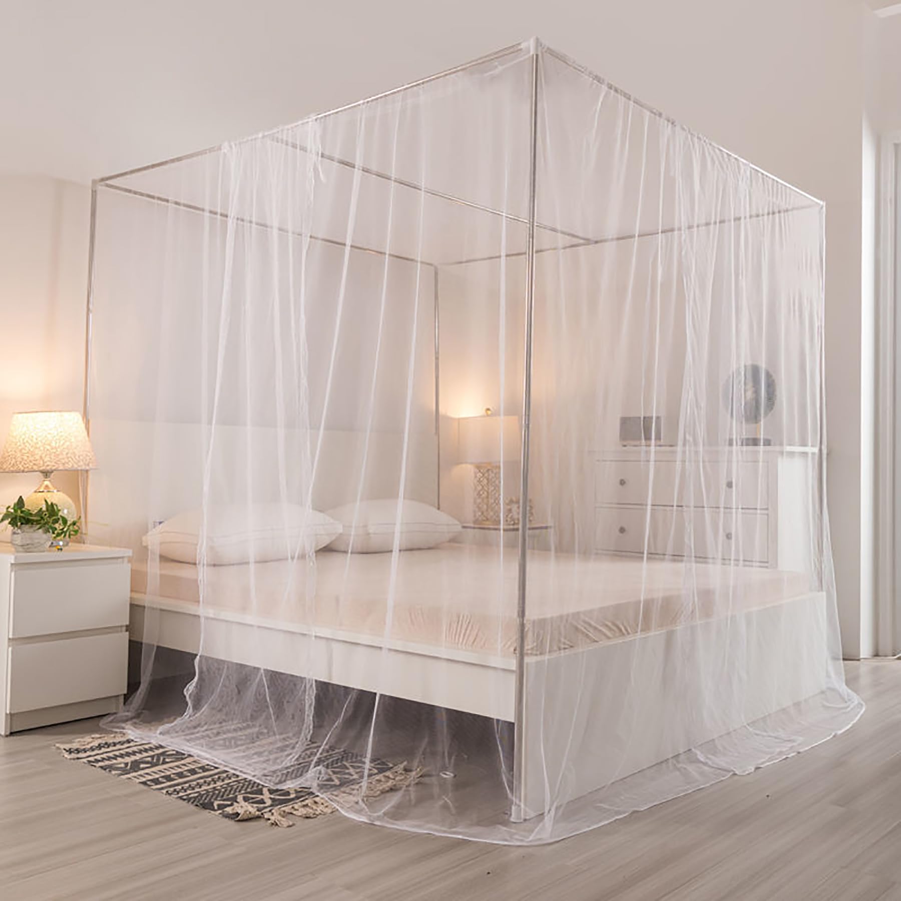 Moustiquaire Cadre de lit à baldaquin pour Chambre à Coucher, Cadre de lit à baldaquin en Acier Inoxydable, poteaux à 4 Coins, Cadre de lit à baldaquin, poteaux avec Rideau, Argent, Support