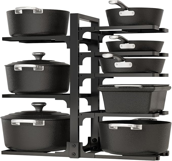 Adjustable Pots and Pans Organizer Under Cabinet, 8-Tier Pot and Pan Organizers Inside Cabinet, Kitchen Cabinet Organizers and Storage, Black