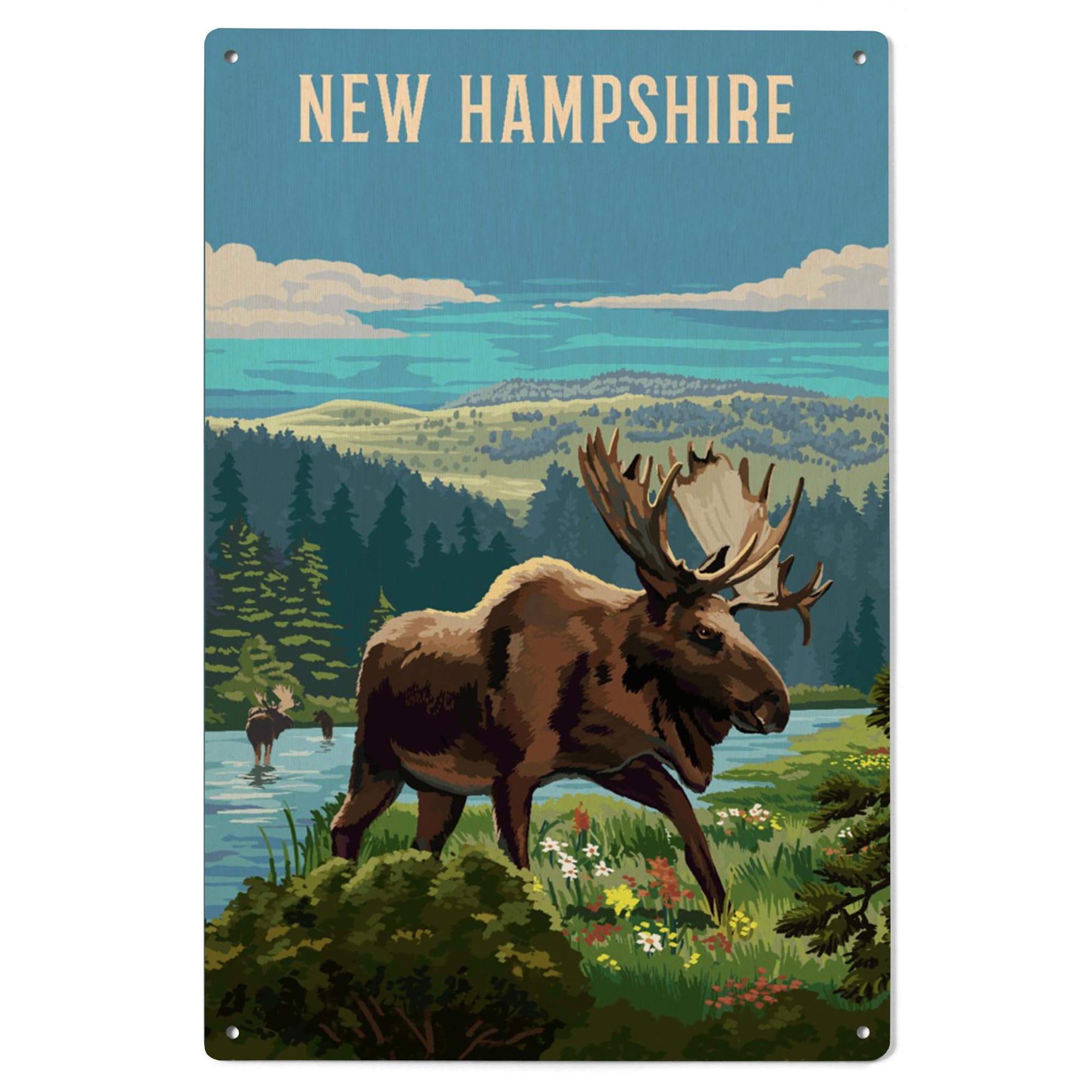 Lantern Press 6x9 Inch Wood Sign, Ready to Hang Wall Decor, New Hampshire, Painterly, Moose and Wildflowers