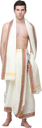 Plain Dhoti and Angavastram Set with Woven Border - Pure Cotton