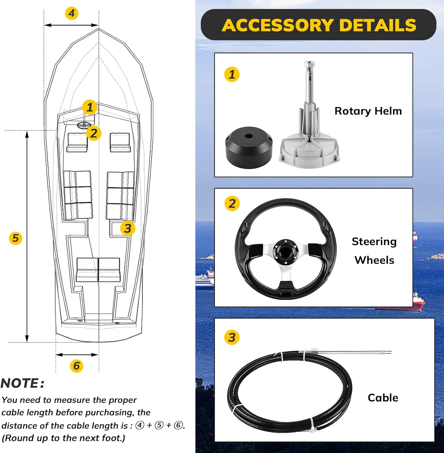 Boats Steering System, 10ft Cable Outboard Steering Kit 3/4" Standard Tapered Shaft, Boat Steering Control Cable for Yachts, Fishing Boats and Other Watercraft - with Steering Wheel