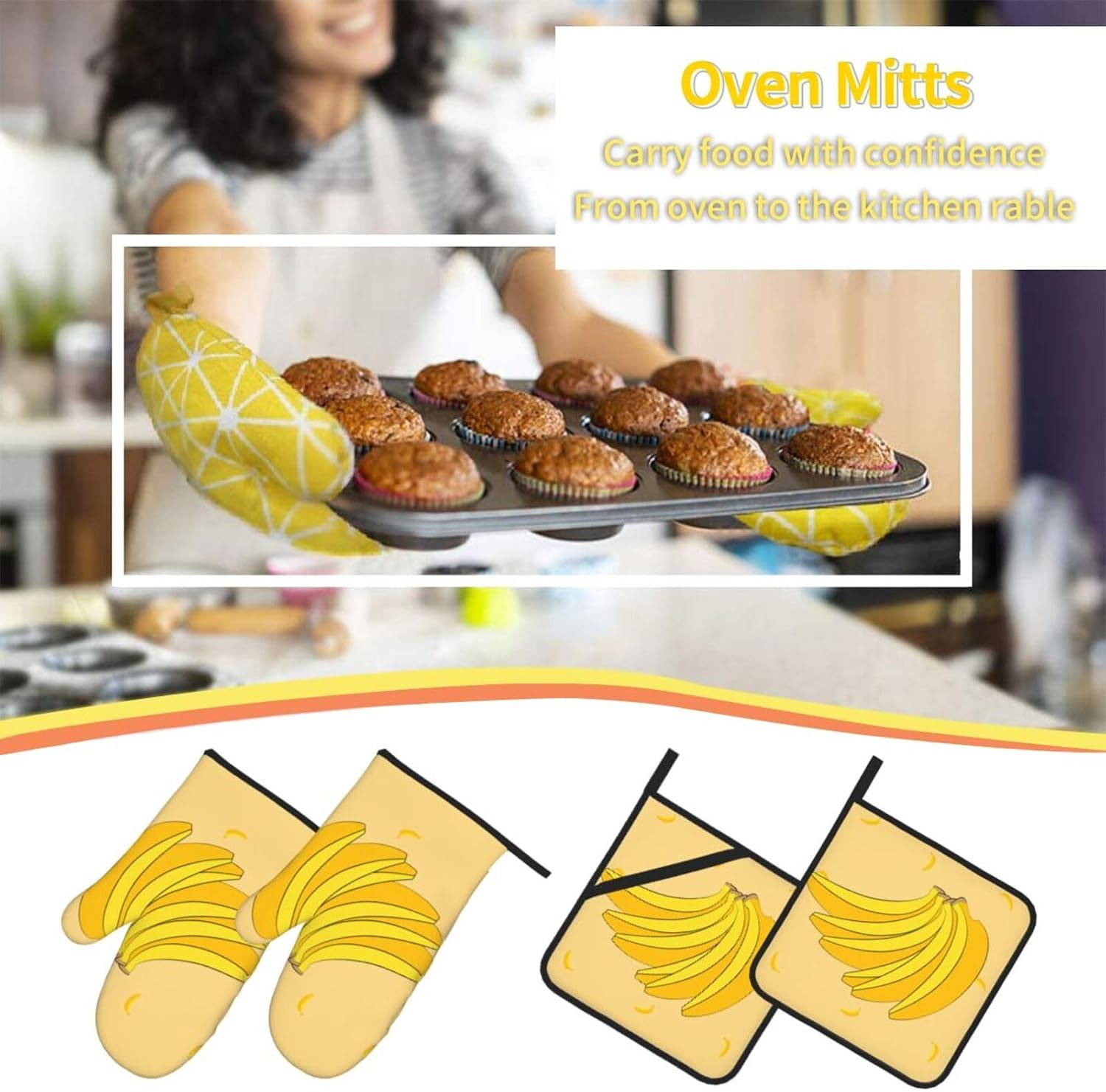 Cartoon Banana Printed Oven Mitts + Potholders 4-Piece Set - Great for BBQ Party Cooking