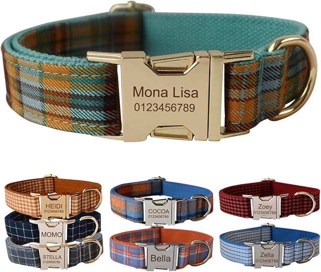 Personalised Dog Collar With Metal Buckle, Customized Pet Tags with Name Phone Number Address Engraved, Plaid