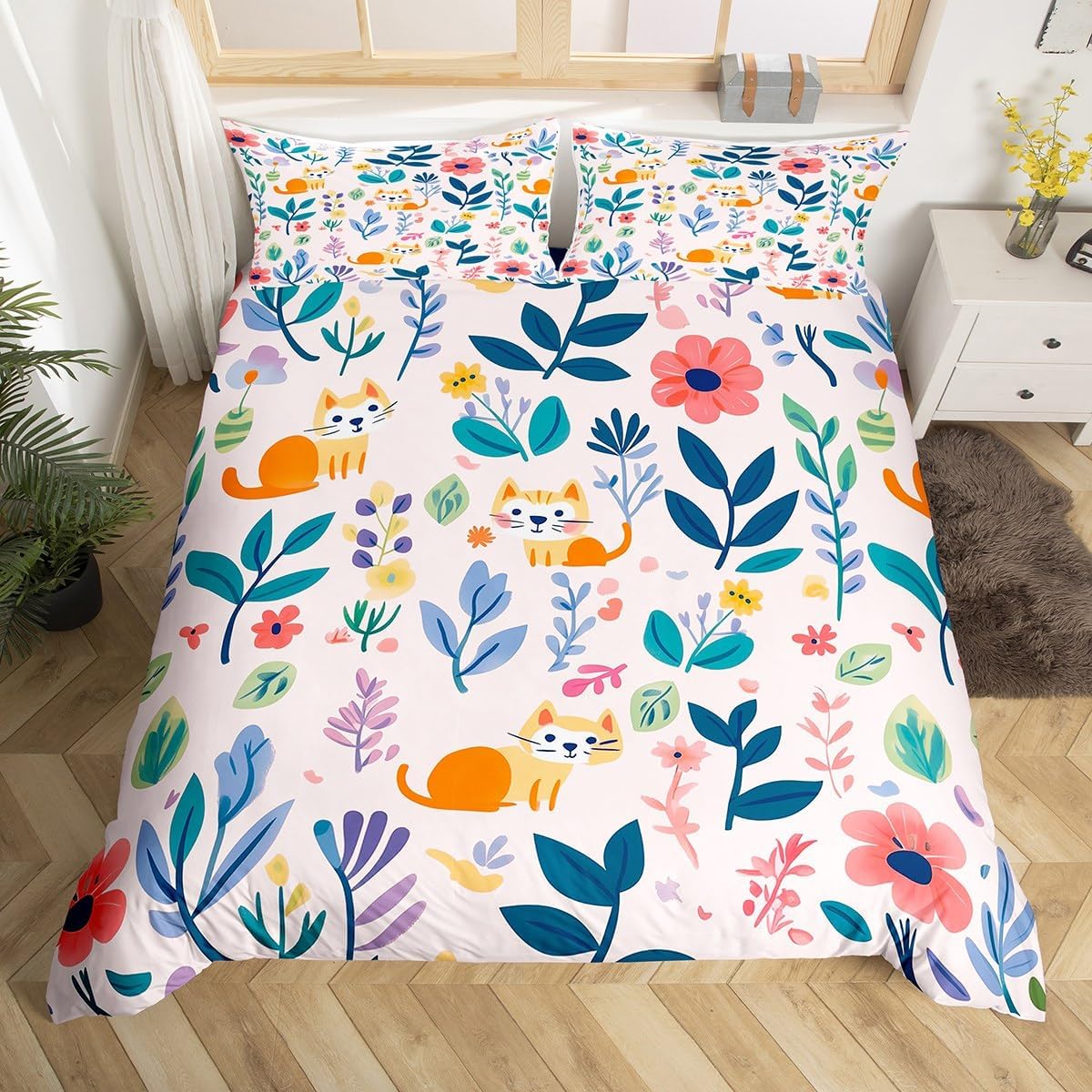 Manfei Rsutic Floral Duvet Cover Toddler Size,Lovely Cat Cartoon Animals Comforter Cover with 1 Pillowcase,Colorful Floral Painting Bedding Set 2pcs,Rustic Botanical Quilt Cover,Not Comforter