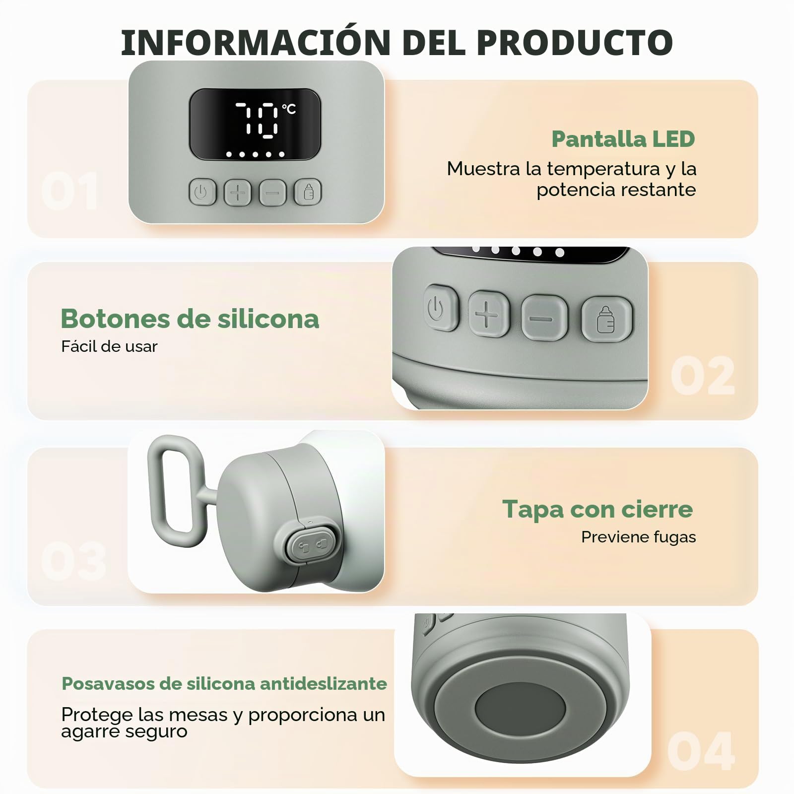 Calienta biberones portatil 500ml, 100W rápido, batería 16000mAh, SUS316 | Calentador de biberones portatil para viajes, leche materna y fórmula, control 37-70°C, sin BPA, ideal para bebés