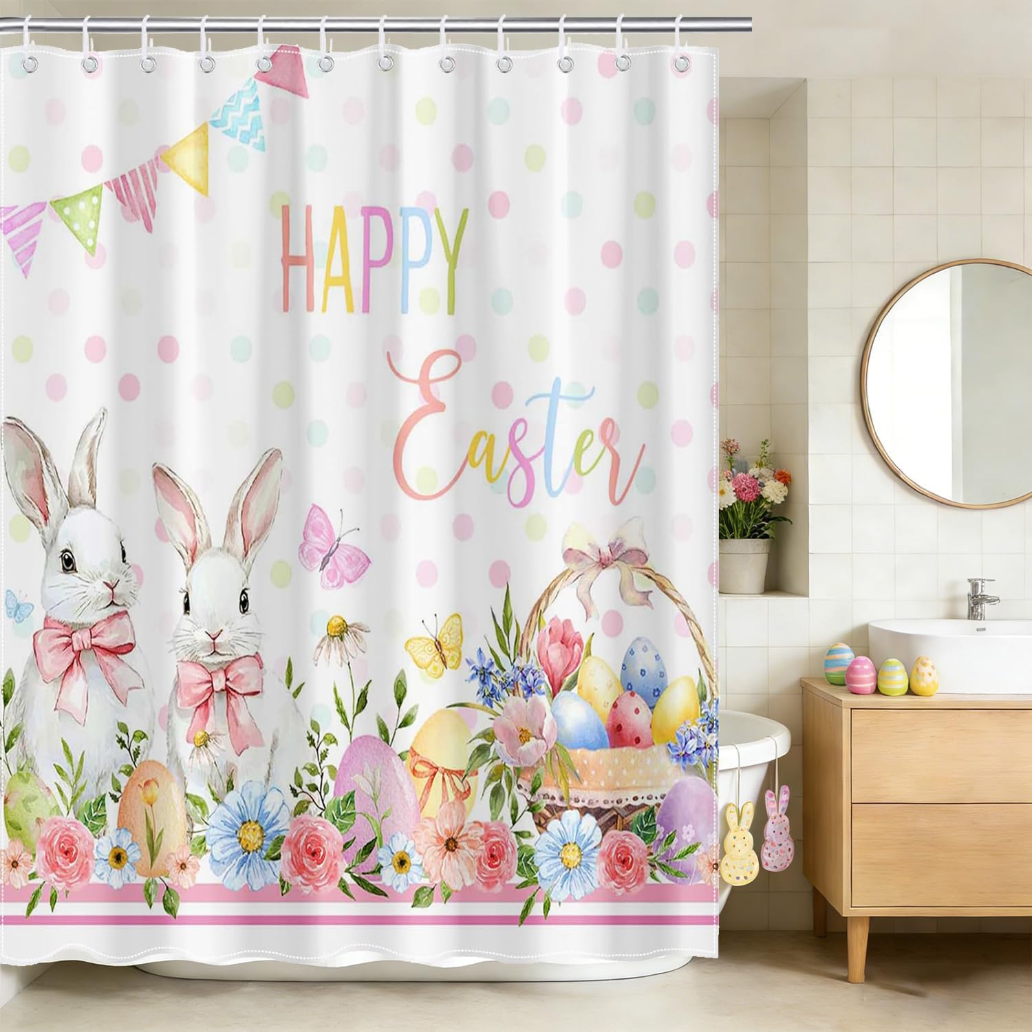 Mocsicka Happy Easter Shower Curtain Cute Bunny Rabbits Colorful Floral Easter Waterproof Fabric Shower Curtain Bathtub Decor with 12 Hooks 72 X 72 Inches