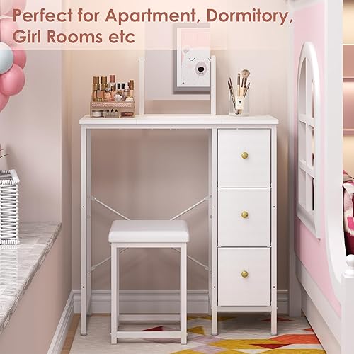 Miniatura 8 de X-cosrack Escritorio pequeño de tocador de 27.5 pulgadas con espejo, mesa de maquillaje compacta con silla, tocador pequeño con 3 cajones de tela
