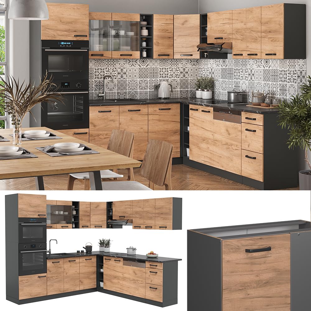 Vicco Cocina esquinera R-Line, Oro Power Roble/Antracita/Antracita, Sin encimeras