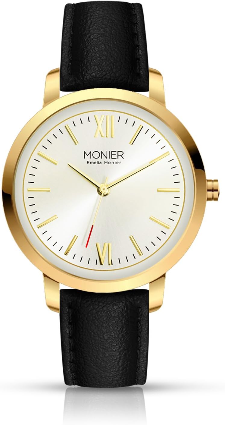 W Palace Gold Tone Women's Watch with Silver Sunray Dial and Black Leather Strap EML001-02BL